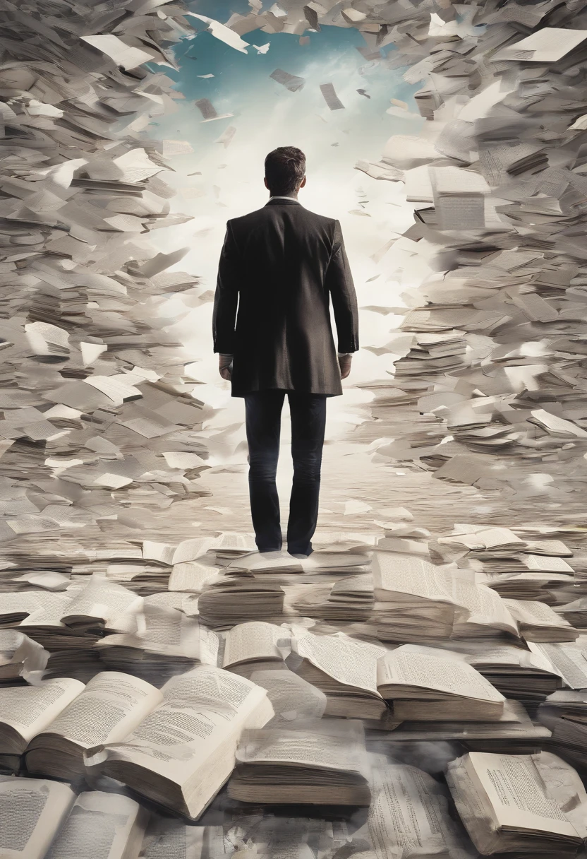 a man standing alone in a white, open space. The camera angle should be a low-angle shot looking up at them. They appear anxious, looking upwards with intense fear and tension , Books start to appear in the sky, flying around the person