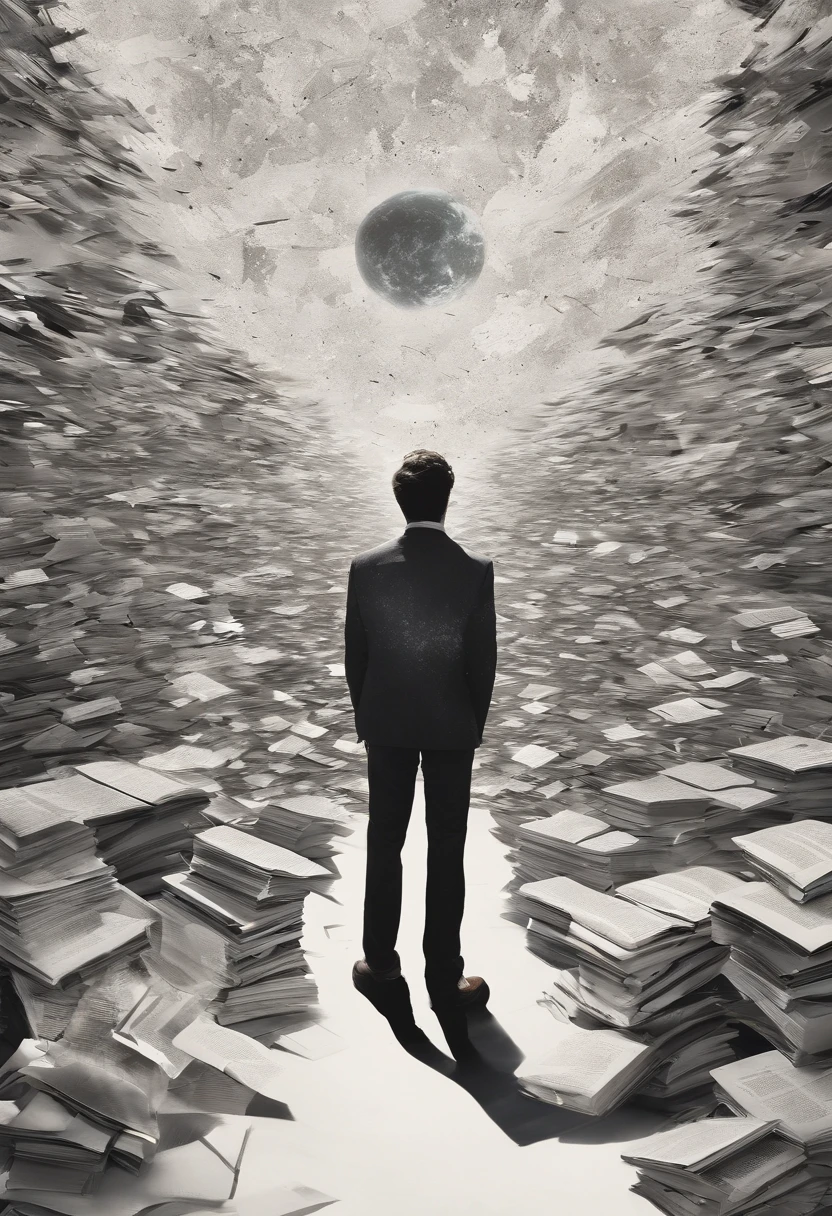 a man standing alone in a white, open space. The camera angle should be a low-angle shot looking up at them. They appear anxious, looking upwards with intense fear and tension , Books start to appear in the sky, flying around the person
