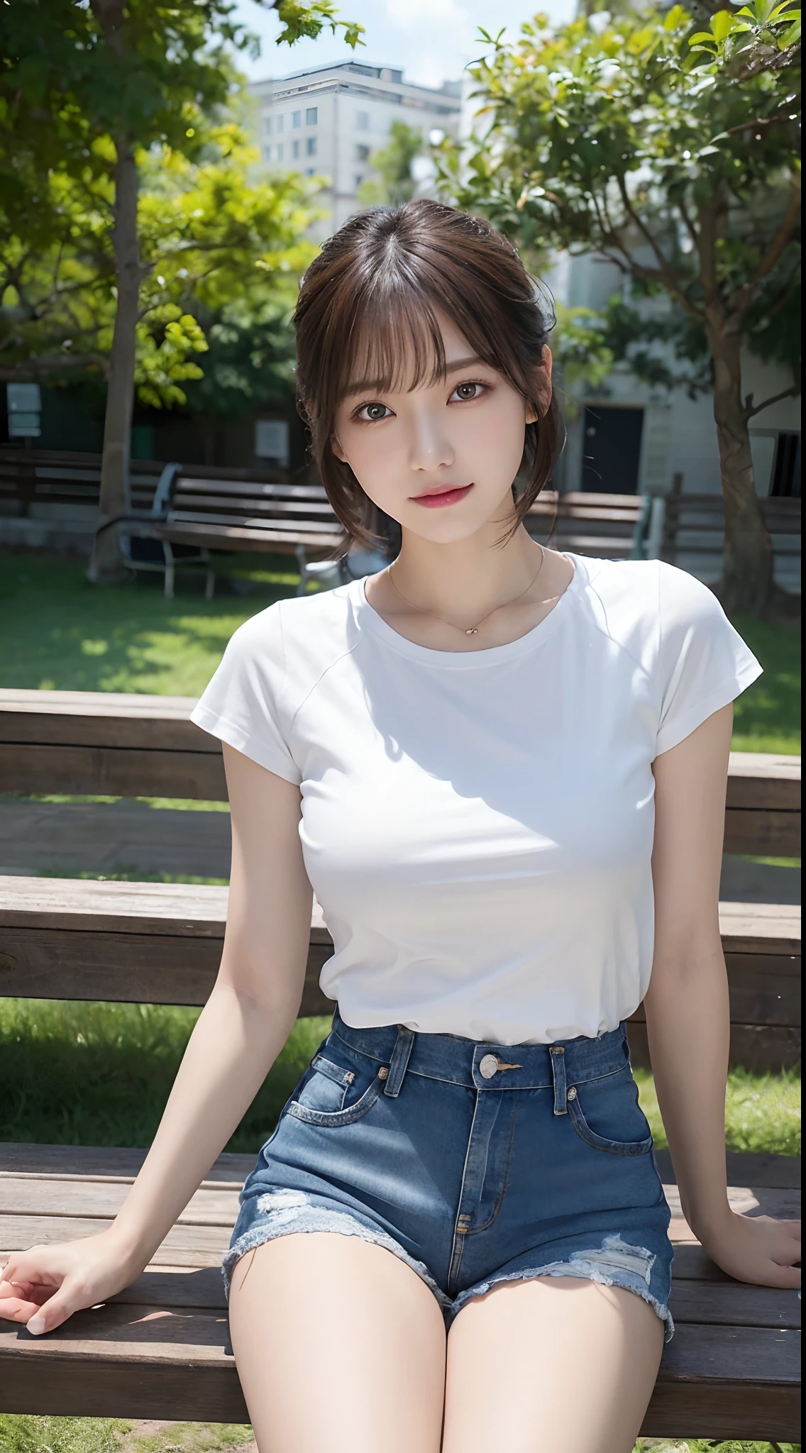 Innocent 20 year old girl、((Denim shorts, white t-shirts,Dramatic poses)),Smile,short-cut,Park background、Raw photo, (8K、top-quality、​masterpiece:1.2)、(intricate detailes:1.4)、(Photorealsitic:1.4)、octane renderings、Complex 3D rendering ultra detail, Studio Soft Light, Rim Lights, vibrant detail, super detailing, realistic skin textures, Detail Face, Beautiful detail eyes, Very detailed CG Unity 16k wallpaper, make - up, (detailedbackground:1.2), shinny skin, Full body、From head to thigh、cleavage of the breast,((sit on a bench))
