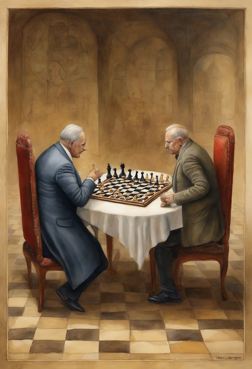 Depict world leaders playing a deadly game of chess with human pawns, illustrating the consequences of political power struggles and conflicts on ordinary people. In the syle of pawel kuczynski