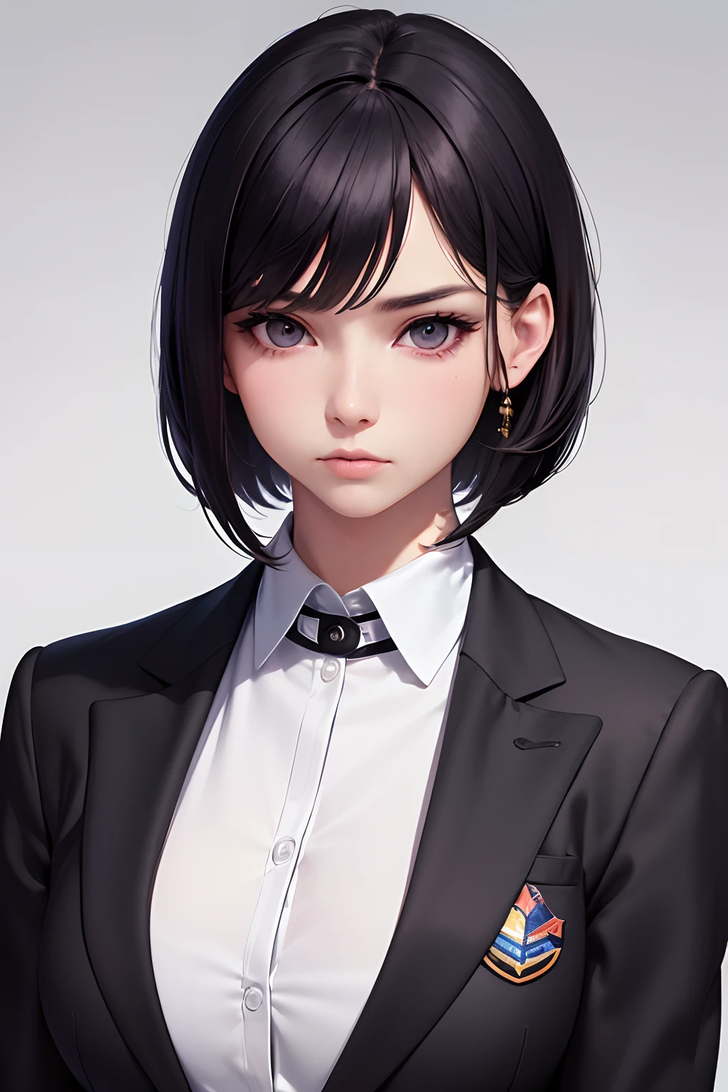 "(best quality,4k,8k,highres,masterpiece:1.2),ultra-detailed,(realistic,photorealistic,photo-realistic:1.37), manhwa art european 17 year old schoolgirl, alabaster skin, ebony black hair with dark violet highlights, asymmetrical a-line bob cut, round dreamy amber eyes, innocent face, wearing a high collared black school blazer with school logo, fully covered body, v shaped face, full puffy cheeks, serious expression, strict character, 8k, detailed features, bright lighting, blurred background