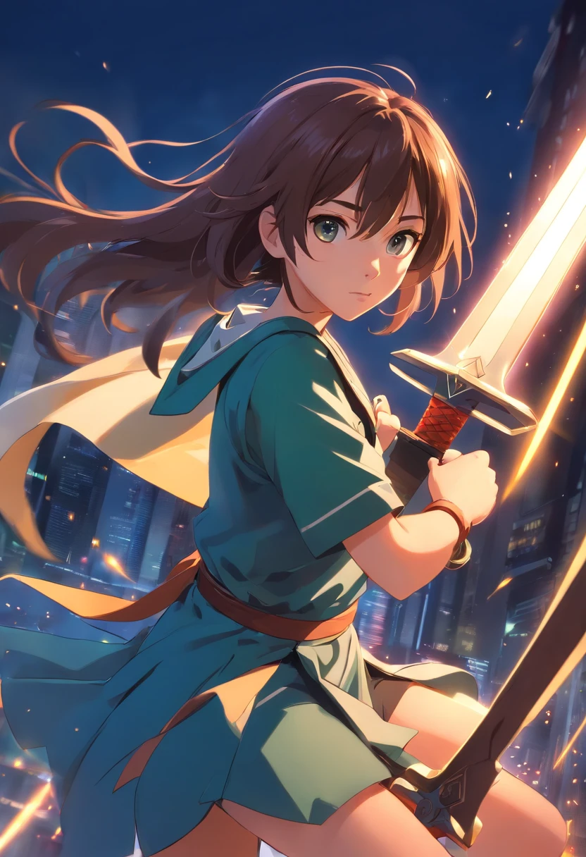 best quality,ultra-detailed,realistic,portrait, HDR, professional, vivid colors, bokeh, girl, holding weapons, detailed shield, sharp sword, dynamic pose, intense expression