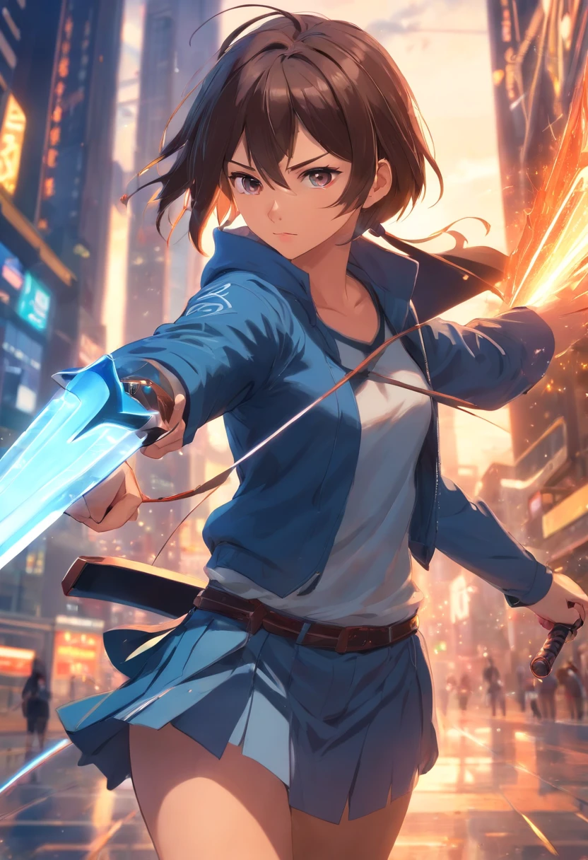 Uma personagem feminina,Best quality,Ultra-detailed,Realistic,Portrait, hdr, professional, Vivid colors, Bokeh, Girl, holdingweapon, Detailed shield, Sharp sword, Dynamic pose, Intense expression