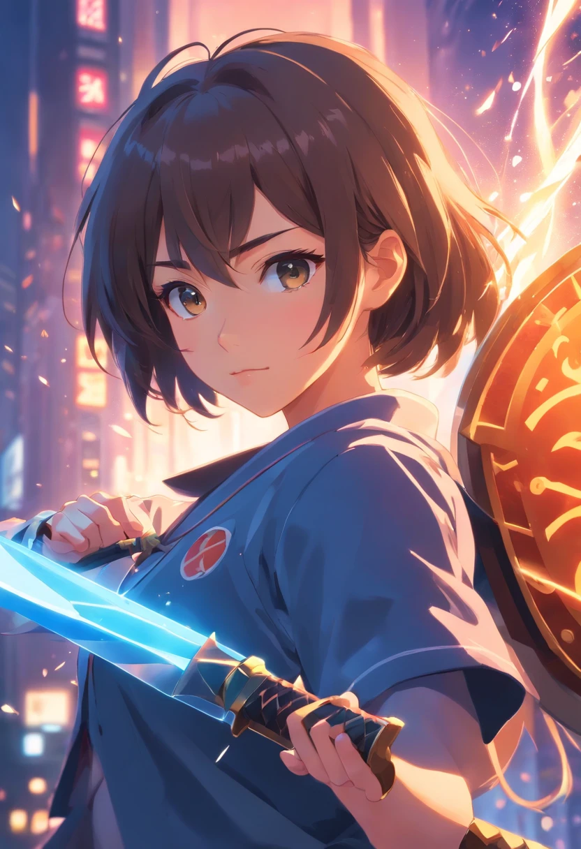 Uma personagem feminina,Best quality,Ultra-detailed,Realistic,Portrait, hdr, professional, Vivid colors, Bokeh, Girl, holdingweapon, Detailed shield, Sharp sword, Dynamic pose, Intense expression