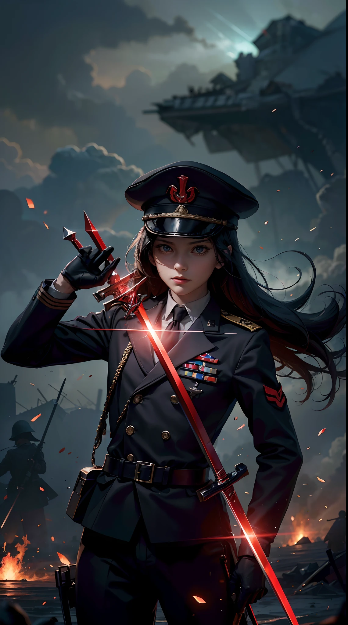 Children holding swords,  ww2 black suits,  general  ww2 hats, soldiers in the background,red blood element,hd light and dark, balance rendering, HD lighting and dark )<=(epic image quality)dark atmosphere with bright particle light(many effects in background)
