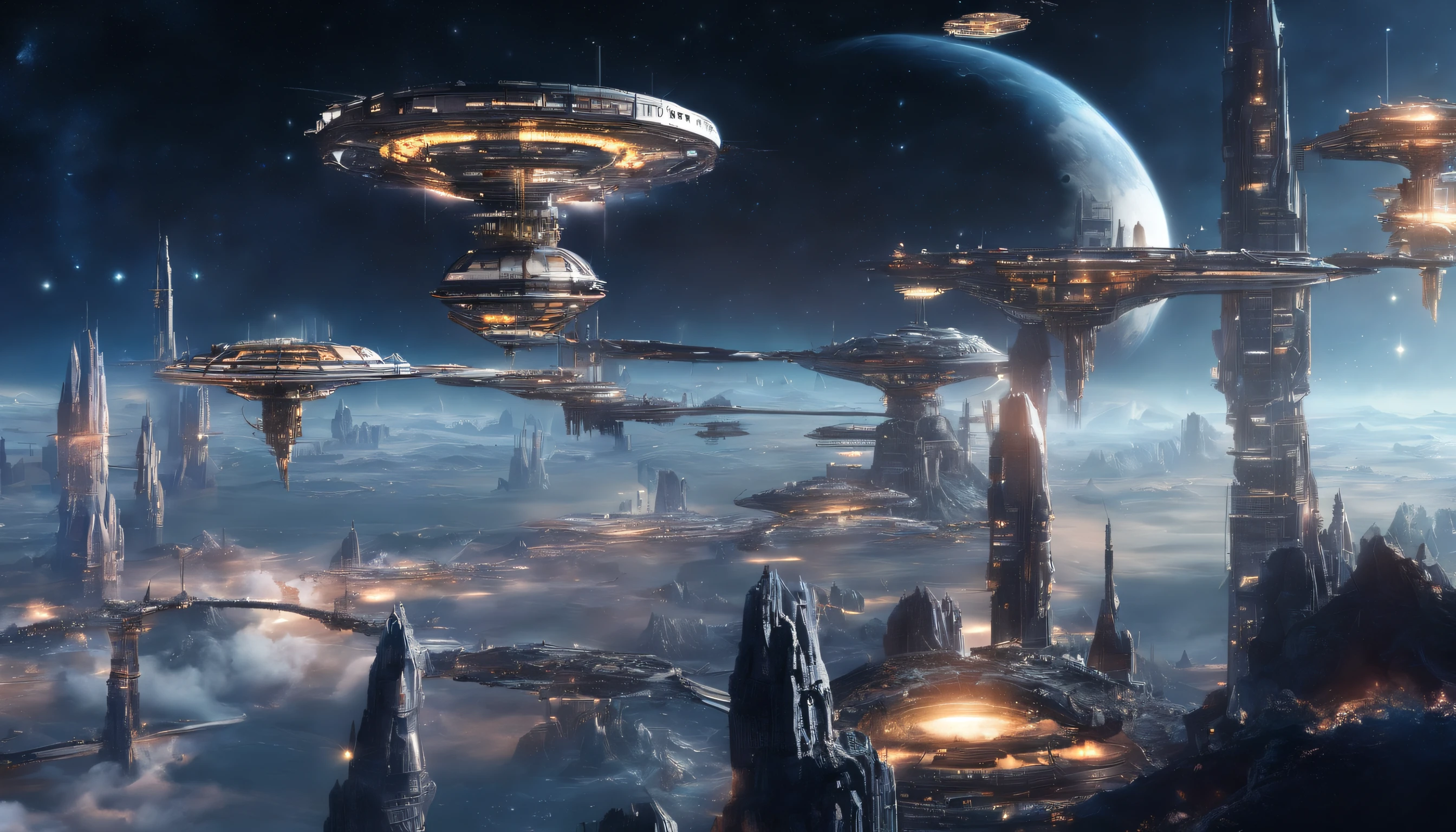 A futuristic science fiction world, (The giant structures orbiting the Earth's satellite orbit are castles that appear upside down:1.5), a giant cluster of antennas, (Best quality), (masterpiece:1.3), No ground, outer space, space opera, , weightlessness,