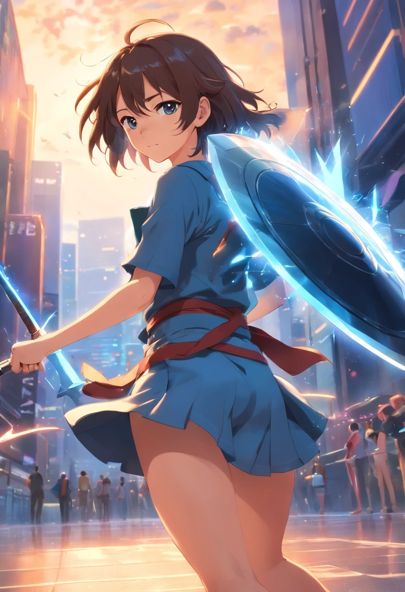 Uma personagem feminina,Best quality,Ultra-detailed,Realistic,Portrait, hdr, professional, Vivid colors, Bokeh, Girl, holdingweapon, Detailed shield, Sharp sword, Dynamic pose, Intense expression