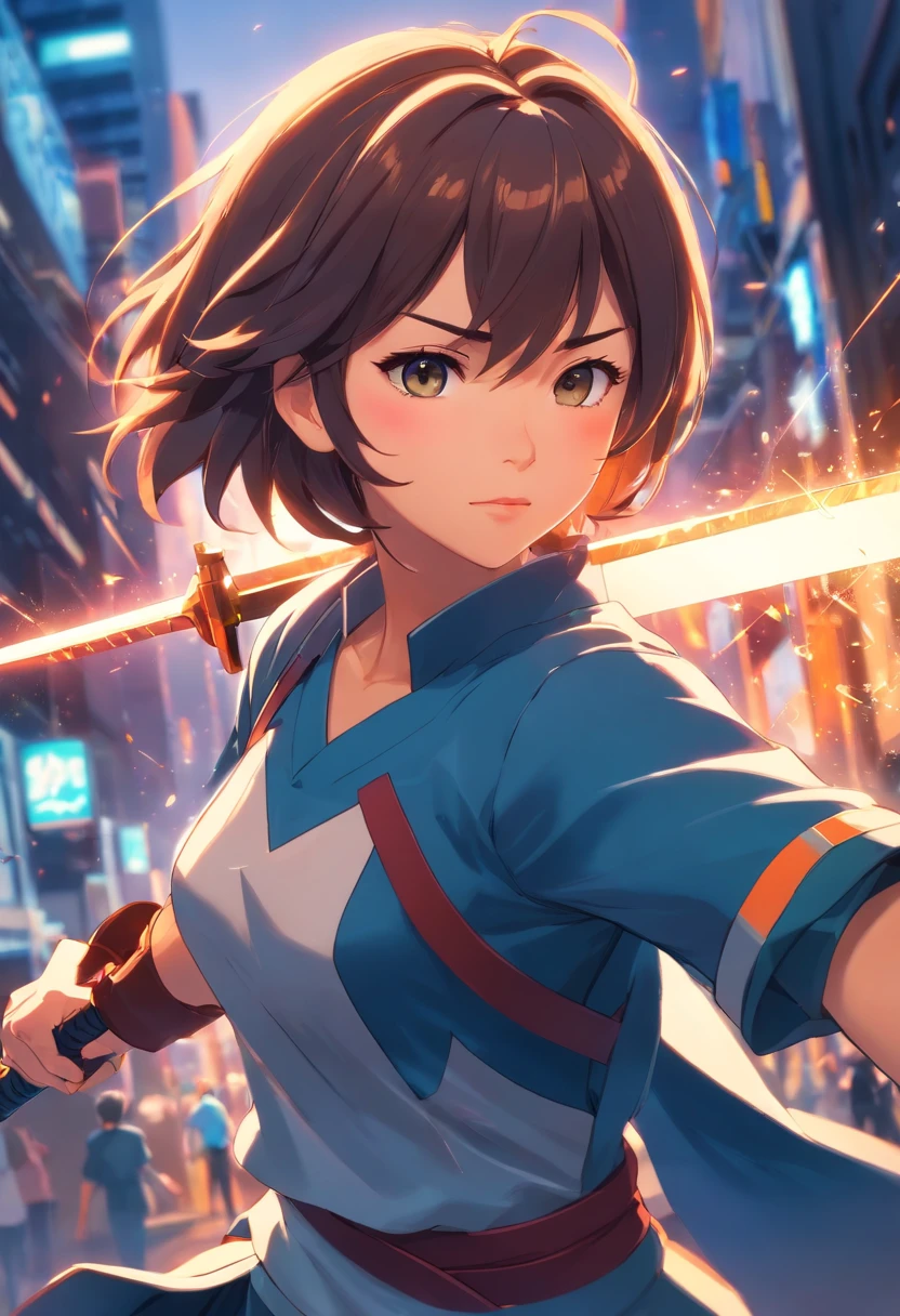 Uma personagem feminina，Best quality,Ultra-detailed,Realistic,Portrait, hdr, professional, Vivid colors, Bokeh, Girl, holdingweapon, Detailed shield, Sharp sword, Dynamic pose, Intense expression