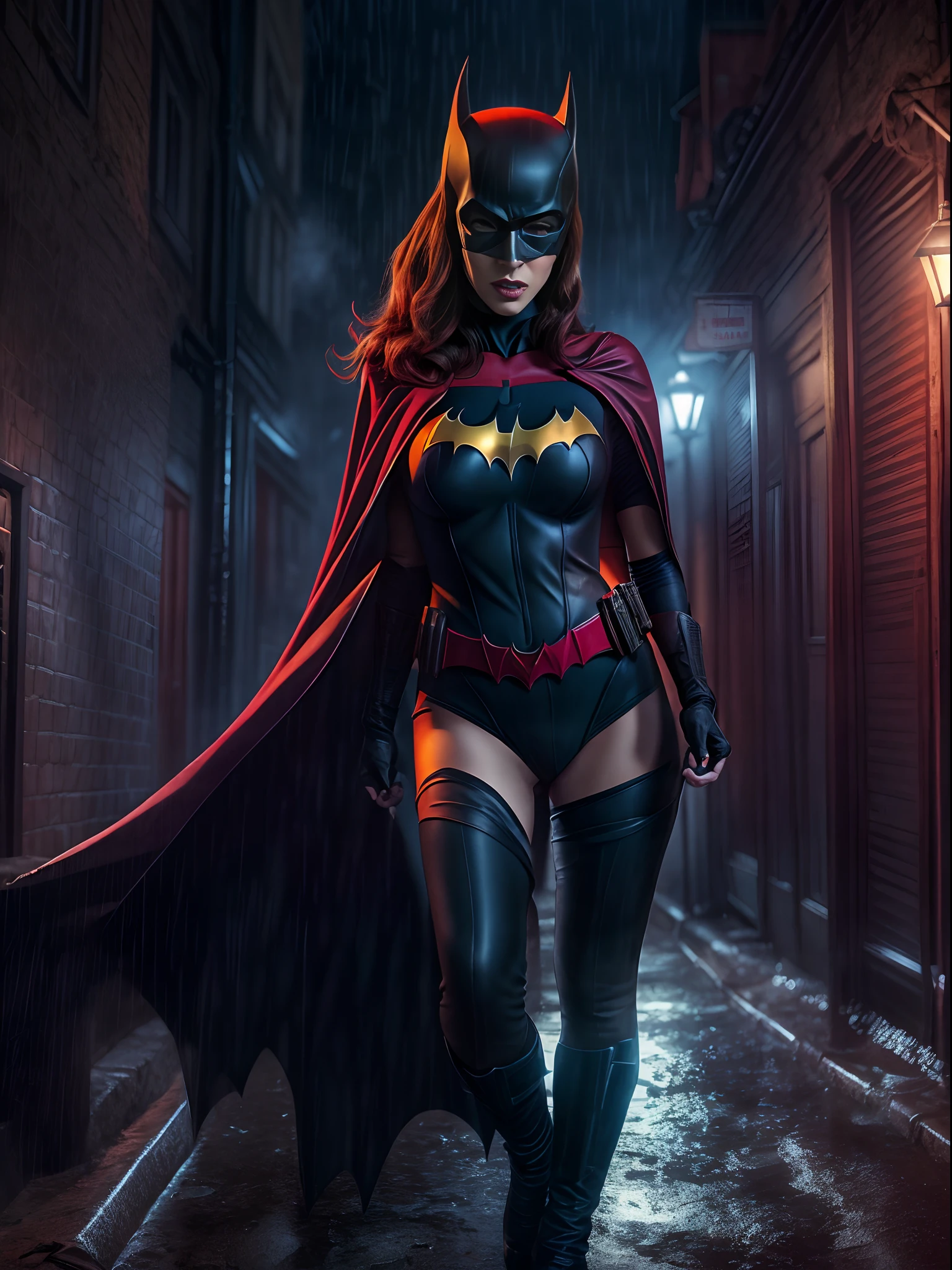 Dominatrix Batwoman wearing a skin-tight uniform with a black cape in a dark and sinister narrow alley under a dim street light, (sensual pose with her hands on her waist), (rainy night with fog), Batgirl, bodysuit, toned body, wide hips, Allan Moore, DC Comics, gothic setting, Gottam City, photorealistic, 8k, realistic shadows