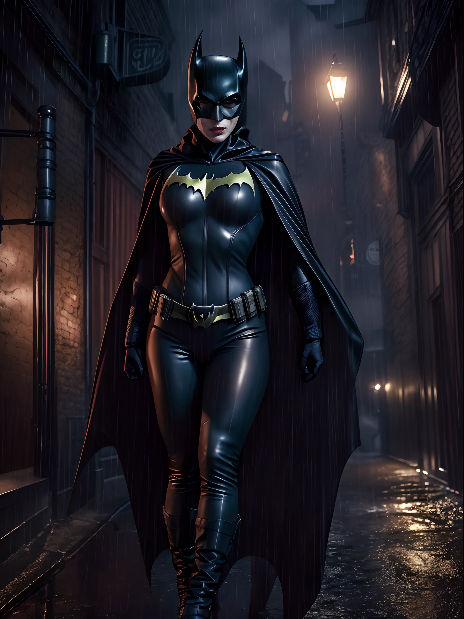 Dominatrix Batwoman wearing a skin-tight uniform with a black cape in a dark and sinister narrow alley under a dim street light, (sensual pose with her hands on her waist), (rainy night with fog), Batgirl, bodysuit, toned body, wide hips, Allan Moore, DC Comics, gothic setting, Gottam City, photorealistic, 8k, realistic shadows