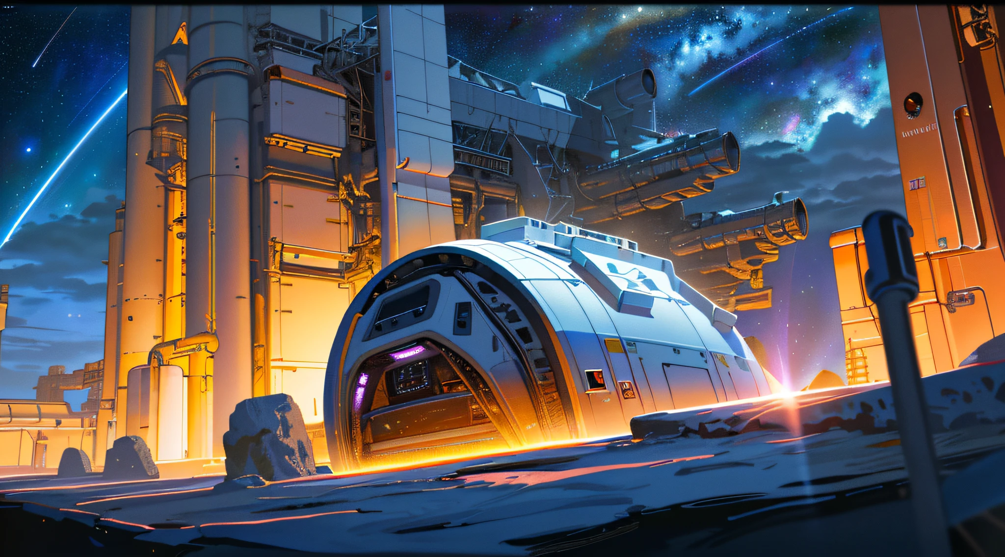 ((8k, RAW photo, best quality, masterpiece: 1.4)), ultra-high resolution, ultra-detailed, illustration, close-up, astronaut, environment only, laboratory, spacecraft, made of stone, night, starry sky, architecture, future, imagination, outdoors, background only