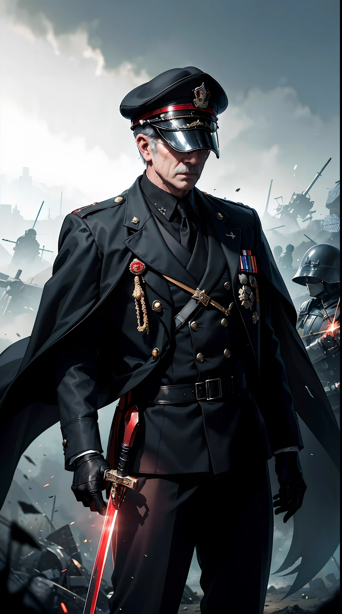 Grandfather holding swords,  ww2 black suits,  general  ww2 hats, black eye mask, soldiers in the background,red blood element,hd light and dark, balance rendering, HD lighting and dark )<=(epic image quality)dark atmosphere with bright particle light(many effects in background)