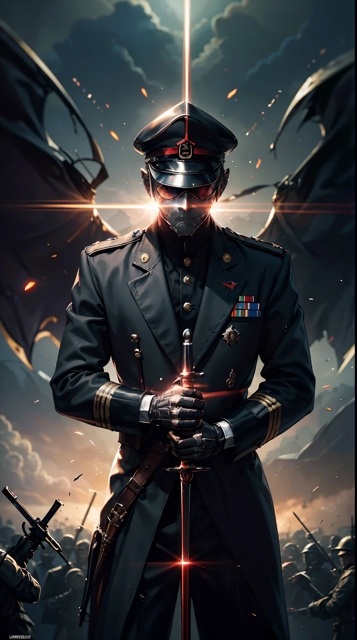 Grandfather holding swords,  ww2 black suits,  general  ww2 hats, black eye mask, soldiers in the background,red blood element,hd light and dark, balance rendering, HD lighting and dark )<=(epic image quality)dark atmosphere with bright particle light(many effects in background)