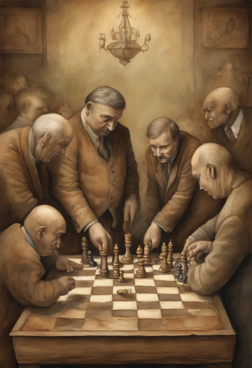 Depicts world leaders playing deadly chess games with human pawns, Illustrate the consequences of political power struggles and conflicts for ordinary people. In Pavel Kuczynski's Cyr black and white decorative painting