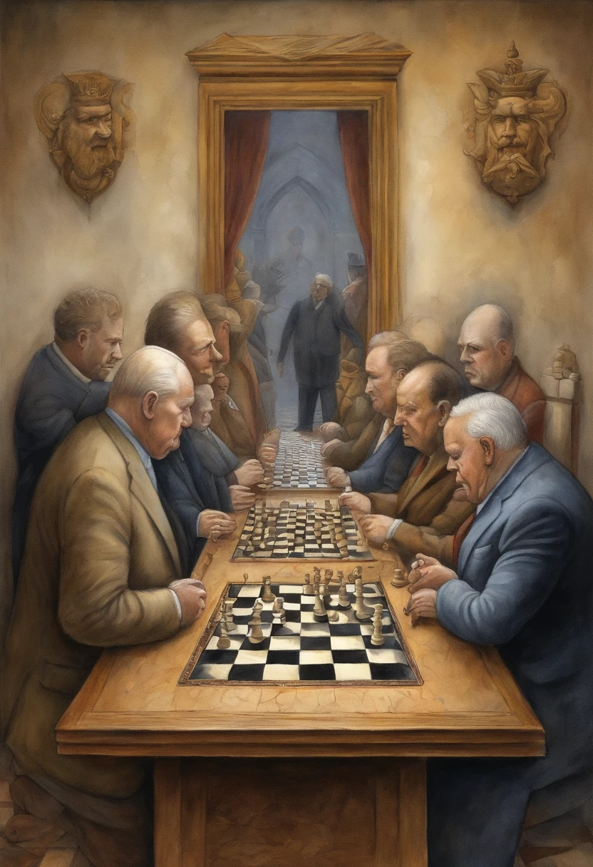 Depicts world leaders playing deadly chess games with human pawns, Illustrate the consequences of political power struggles and conflicts for ordinary people. In Pavel Kuczynski's Cyr black and white decorative painting