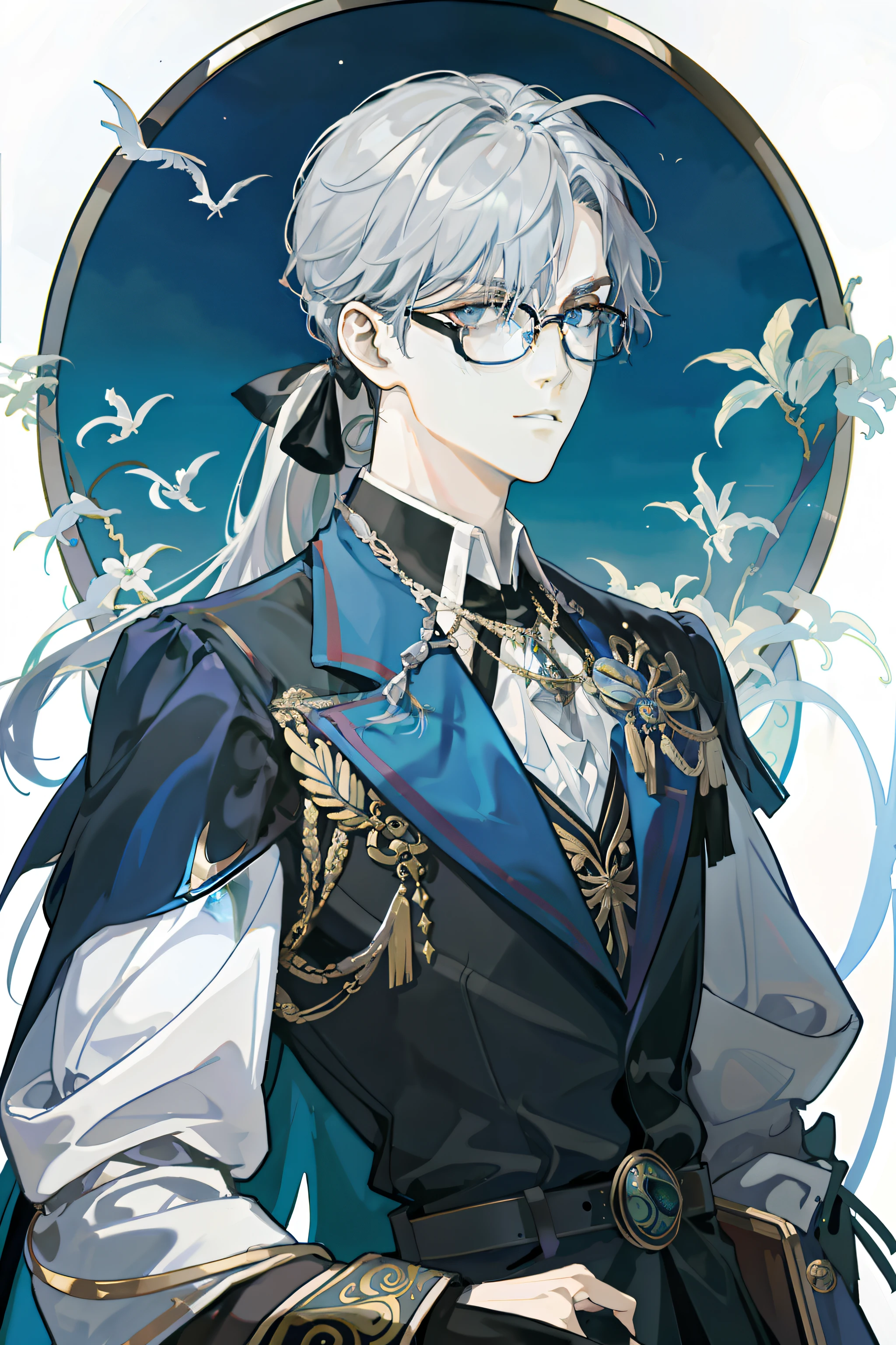 tmasterpiece,best qualtiy,1 male,AS-Adult,Fools\(tarot cards\),barded,jocker,symbolism,visual art,occultism,general,Phantom casting,Philosophy,Iconography,Numerology,popularity,Artistically,Alphonse Mucha,Silver low ponytail man,magestic,round frame glasses,noble,mistic,