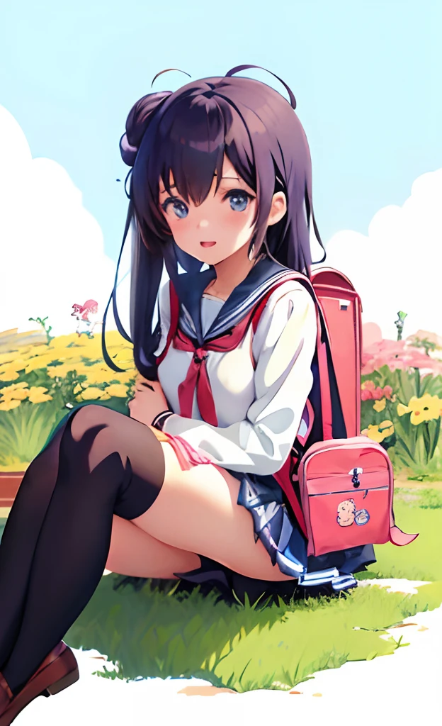 Anime girl sitting on flowering ground with backpack, an anime girl, School Girl, Anime Girl, In anime style, young anime girl, In an anime style, Seifuku, Cute Schoolgirl, Wearing a school uniform, beautiful anime high school girl, inspired by Yuki Ogura, aya takano color style, anime moe art style, Cute anime girl