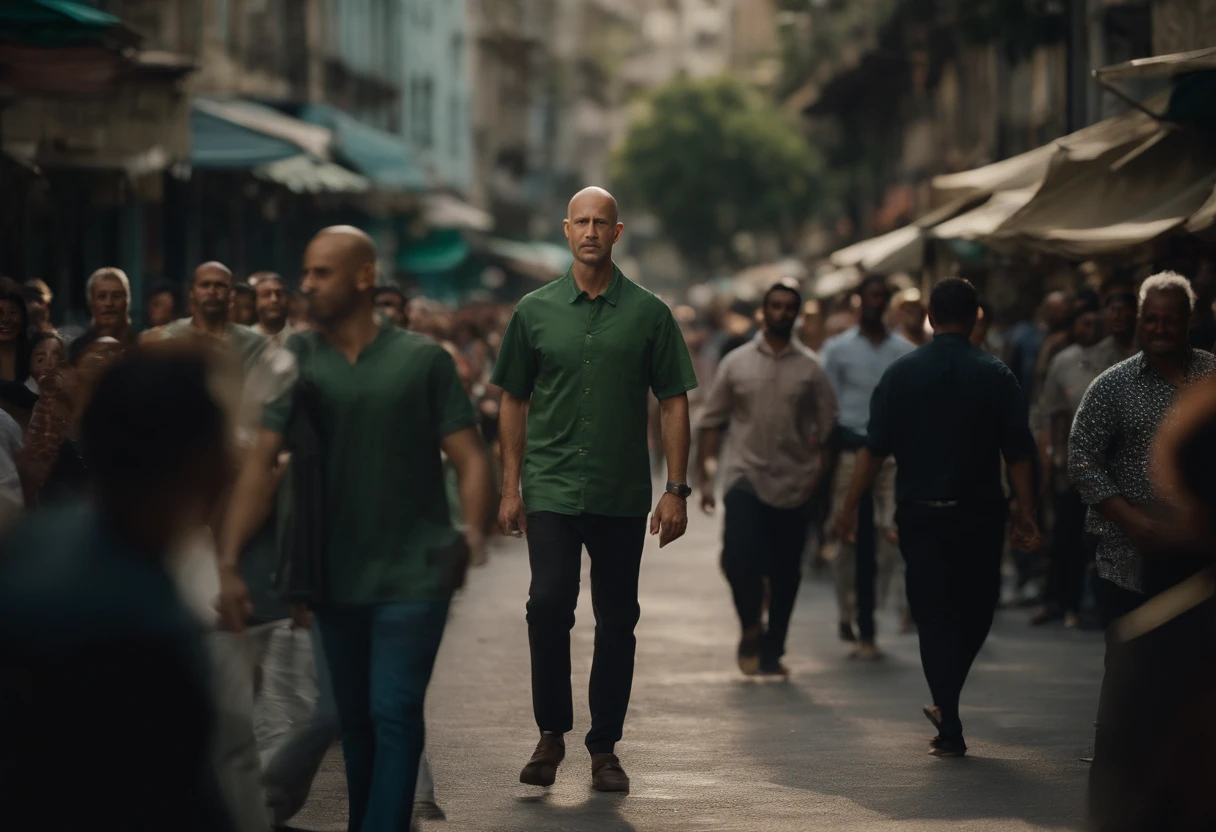 Desenhe uma cena em um local urbano ao ar livre, onde um homem magro e careca, veste uma camisa verde escura, the shirt is short sleeve style, is in the center of the image. The man is bald, The thin, bald man stands still, As pessoas em movimento, creating a blur of activity around the thin, bald man, The scene should be represented at an angle that highlights the thin man in the crowd and the urban atmosphere around him. The scene is done in half a shot, The man is facing, the people who are around are out of focus with blur showing that they are walking fast