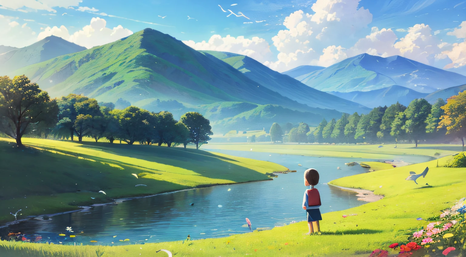 Two children looking at the distant landscape, green mountains, clear blue sky, flocks of birds flying in the sky, butterflies around, small rivers around, grass, flowers on the ground, cartoon style, warm colors