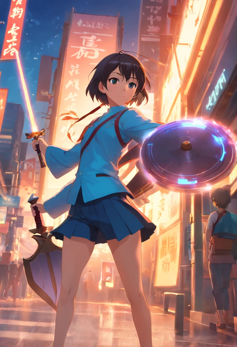 Uma personagem feminina,Full body like,Best quality,Ultra-detailed,Realistic,Portrait, hdr, professional, Vivid colors, Bokeh, Girl, holdingweapon, Detailed shield, Sharp sword, Dynamic pose, Intense expression