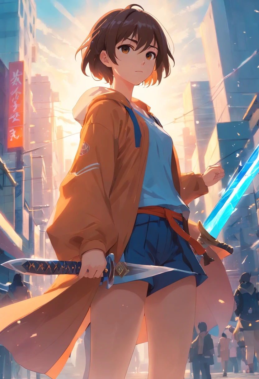 Uma personagem feminina,Full body like,Best quality,Ultra-detailed,Realistic,Portrait, hdr, professional, Vivid colors, Bokeh, Girl, holdingweapon, Detailed shield, Sharp sword, Dynamic pose, Intense expression