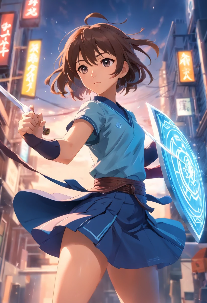 Uma personagem feminina,Full body like,Best quality,Ultra-detailed,Realistic,Portrait, hdr, professional, Vivid colors, Bokeh, Girl, holdingweapon, Detailed shield, Sharp sword, Dynamic pose, Intense expression
