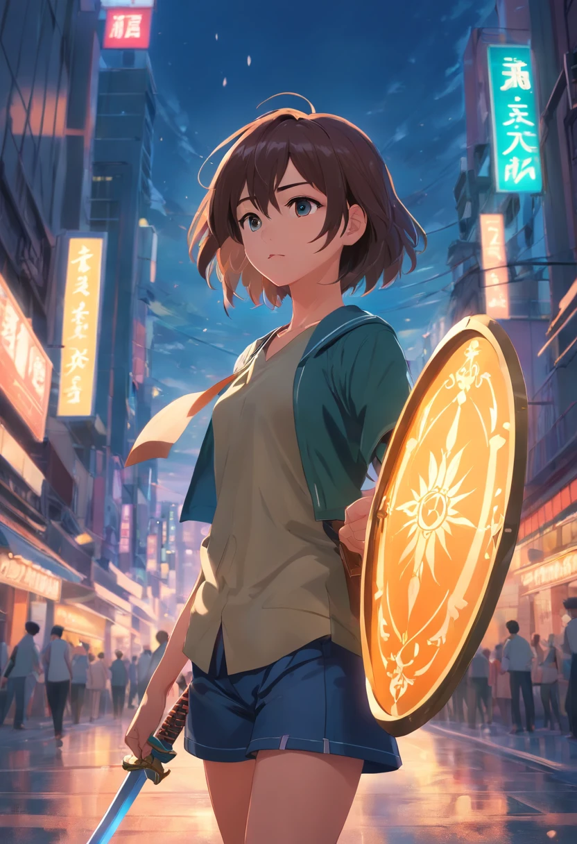 Uma personagem feminina,Full body like,Best quality,Ultra-detailed,Realistic,Portrait, hdr, professional, Vivid colors, Bokeh, Girl, holdingweapon, Detailed shield, Sharp sword, Dynamic pose, Intense expression