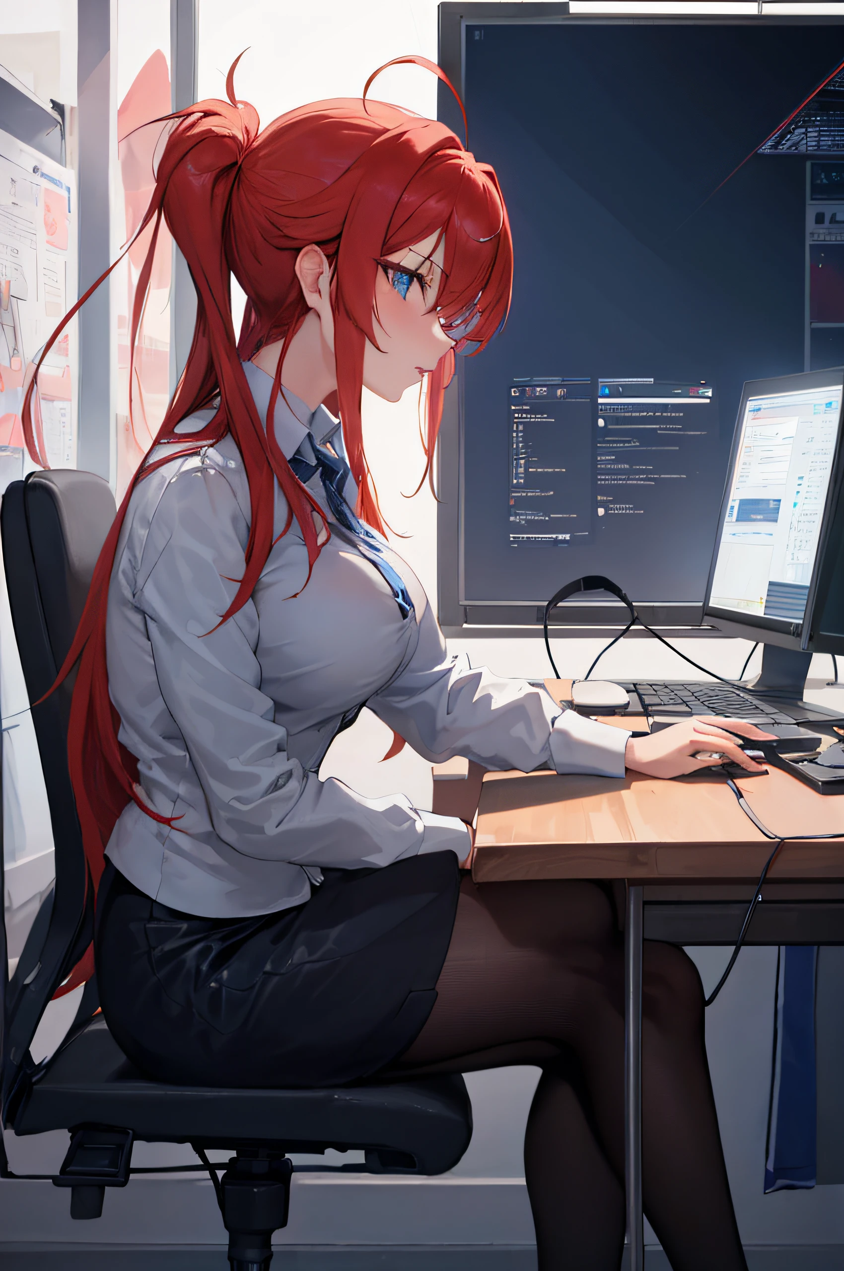 (masterpiece, best quality, detailed),1girl,rias gremory,red hair, ahoge, blue eyes, large breasts sitting at a desk with a computer and a monitor, sitting at a computer, sitting at a computer desk,  smooth anime cg art, anime girl desktop background, on a desk, eye details,clean detailed anime art,high resolution, (perfect hands, perfect anatomy),