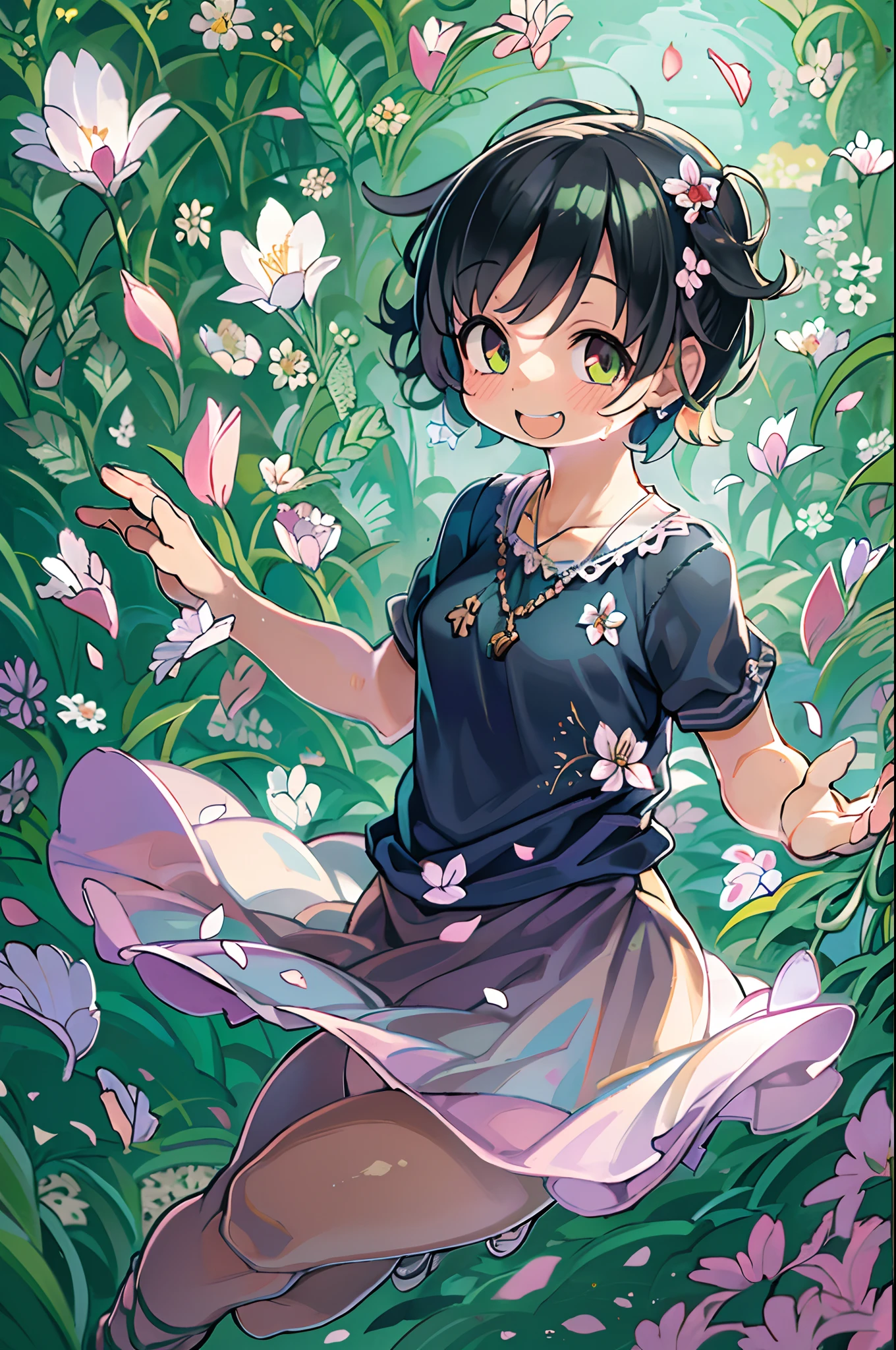 Beautiful and delicate portrait of playful cute girl with short boyish hair, Black hair, Emerald Green Sea, Mischievous smile, Dancing petals, (of the highest quality, masutepiece, Ultra-realistic) And petals floating in the background