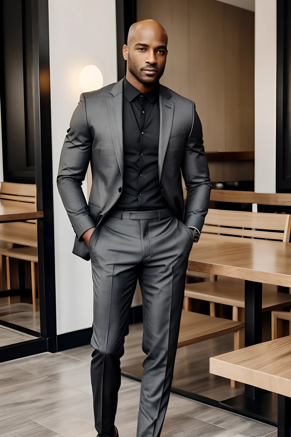 homem negro sentado, usando um laptop em um restaurante, sentado em um computador, imagem profissional com roupas elegantes, cabelo bem cortado e baixo , roupas sob medida, grey pants and black dress shoes, apelo masculino alta moda, traje formal, Homem magro com pele negra, careca, Macho bonito, male proportions, bonito e elegante, black suit pants, modelo masculino, modelo posando, with a business suit on, bonito e atraente