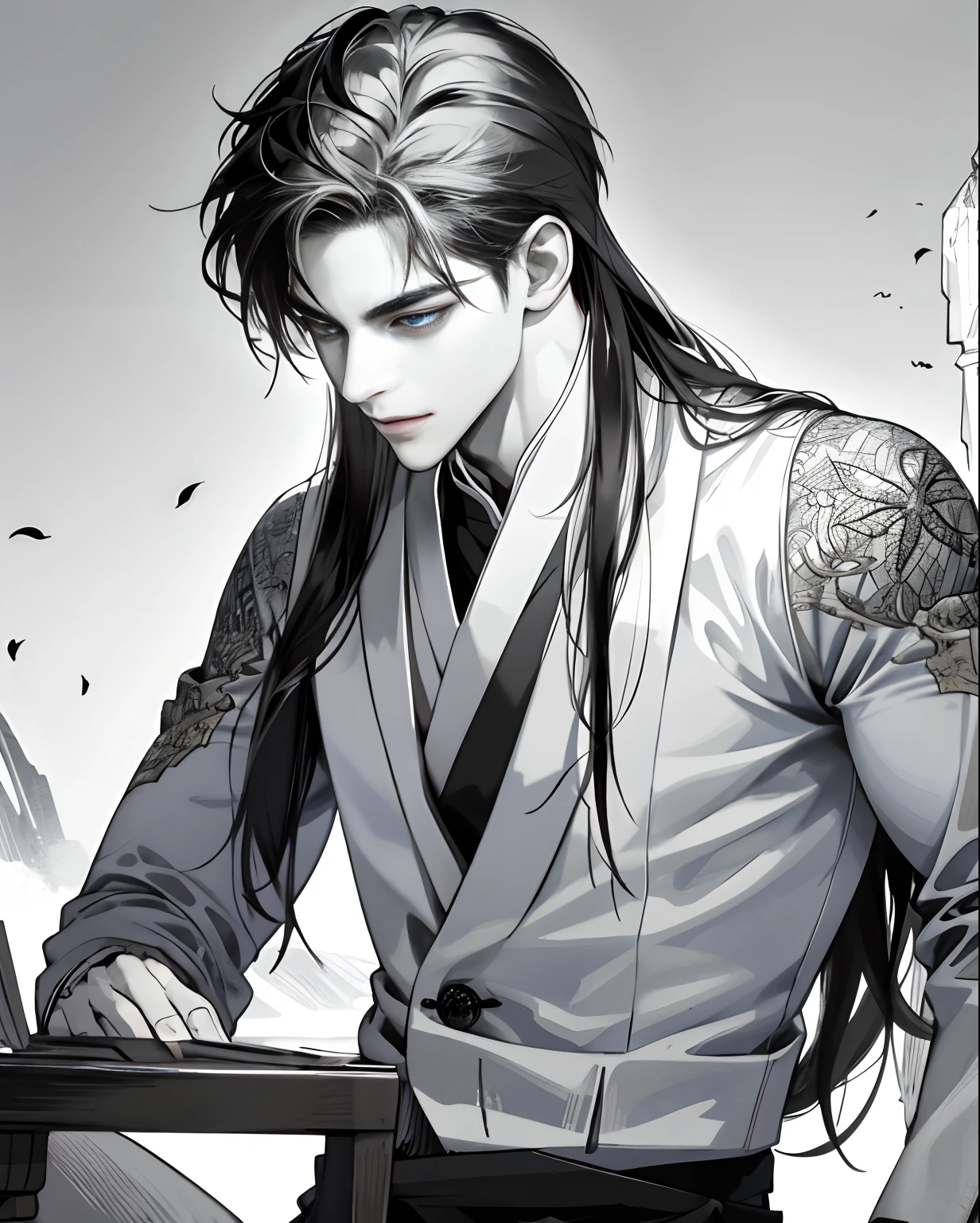 (hoang lap,A high resolution,Hyper-detailing),1boys,Slender and beautiful man,Complicated details,enlarged textures,Complicated details,Fine eyes and detailed face,Complicated details,Hair as white as snow,(Keep one's mouth shut),perfect eyes,matching eyes,Light and shadow,魅惑的,Cold,Western fantasy,slightly long hair,