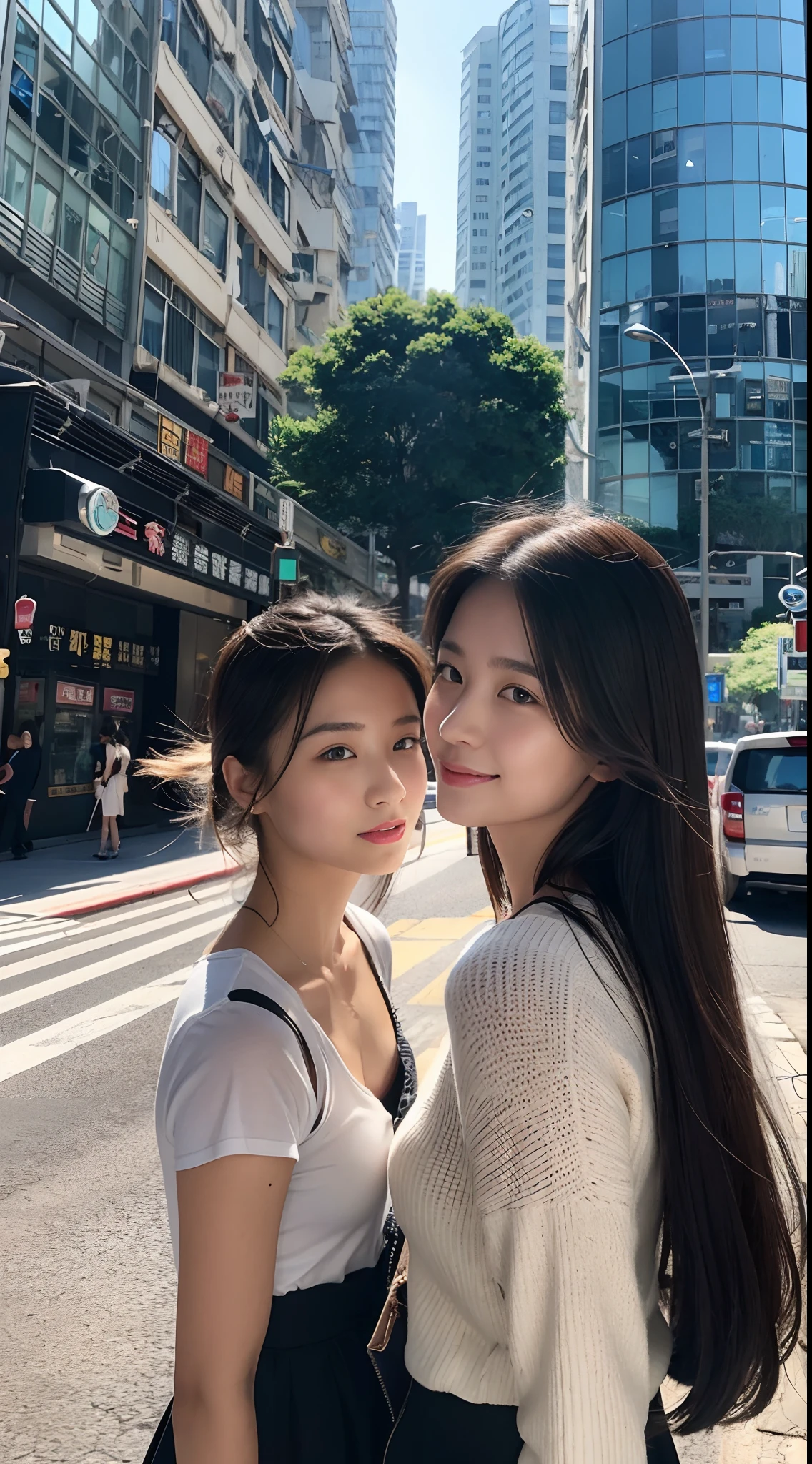 Two girls: A 16-year-old girl walks in front of a zebra crossing at a traffic light on a Hong Kong street,Extreme light and shadow,Aurora chase,Extremely strong reflected light,Extreme shadows,blue-sky,The sun shines on the face,enjoying life,Healing pictures,(Smile 0.9)(Upper body close-up 1.2)(Great view 1.2)(Clean background 1.2)(Delicate facial features1.3)(Perfect body 1.1)(Flat chest 1.1)(Global illumination 1.2)(Surreal scenario 1.3)(White sweater 1.2),rendering by octane,CGSociety trends,(Ultra-delicate eye structure 1.3)(There is reflected light in the eye1.3)(Bust close-up 1.3)(Young and energetic1.3)(Playful 1.3)(Long hairstyles,Thick hair1.2)(youthfulenergy)(Texture 1.3)(Tyndall Light and Shadow 1.2)Behind it is a vague Hong Kong red tram