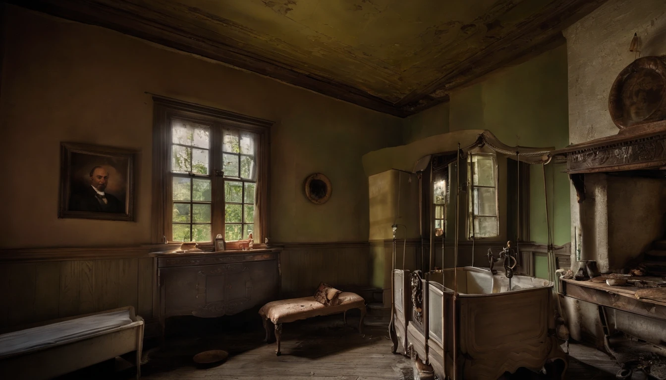Abandoned house interios, musty rooms, each room seemed to tell a story of a family that had once been happy here, faded family photos adorned the walls