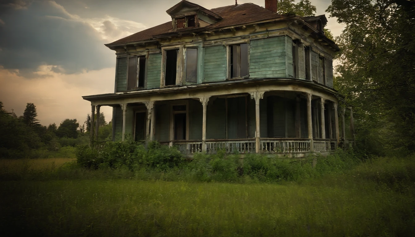 Abandoned house interios, musty rooms, each room seemed to tell a story of a family that had once been happy here, faded family photos adorned the walls
