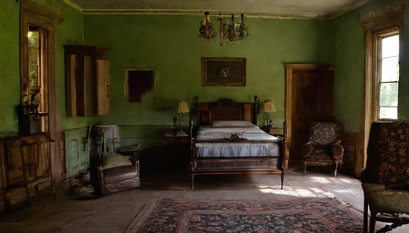 40 éves nagyon nagy mellű kreol bőrű, green hair turquoise blue eyes. woman lies in a four-poster bed. Naked with big perky nipples.