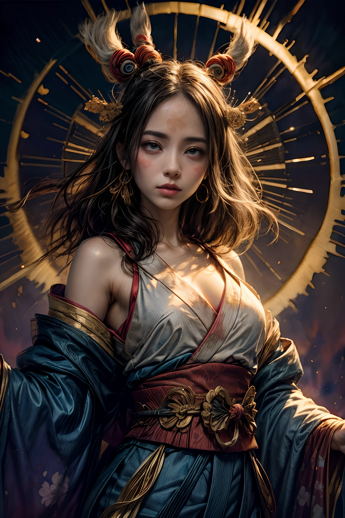 (masutepiece, of the highest quality, Best Quality, Official art, (Beautiful and aesthetic:1.4), (watercolor paiting:1.4) ), (Amaterasu:1.5), Japan mythological gods々々, Dignified beauty, sun goddess、Goddess of Life、Support for samsara, God's Grace, Gentle and meditative expression, Flowing Celestial Garments, A golden glow illuminated all landscapes of the earth, Dance of Dazzling Lights, Whispers of ancient lore