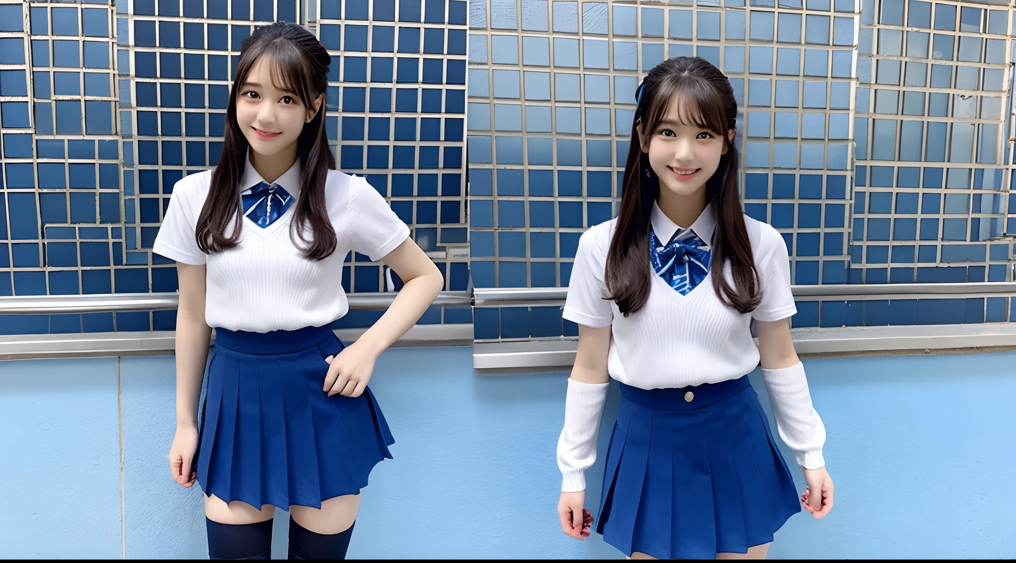 18-year-old high school girl wearing blue miniskirt