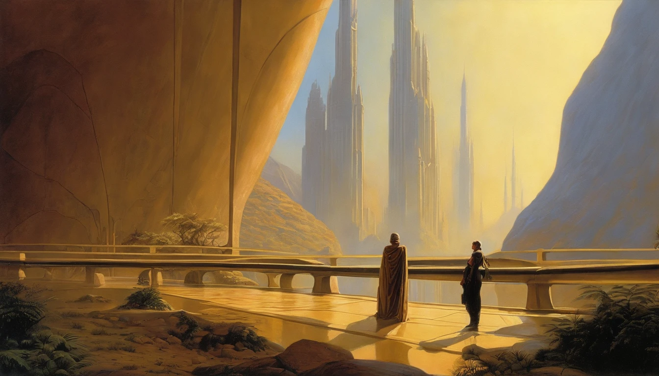 pintura de uma mulher sentada em uma ponte com vista para uma cidade futurista, Bonestell, science fiction art, Directed by: Jim Burns, Syd Mead e Mark Brooks, Michael Whelan e Gustave Done, Dan McPharlin, Wayne Douglas Barlowe, Cidade Marciana, science fiction painting, ONU e Michael Whelan, ancient science fiction art, Science fiction landscape, Barlowe, Michael Whelan Arte