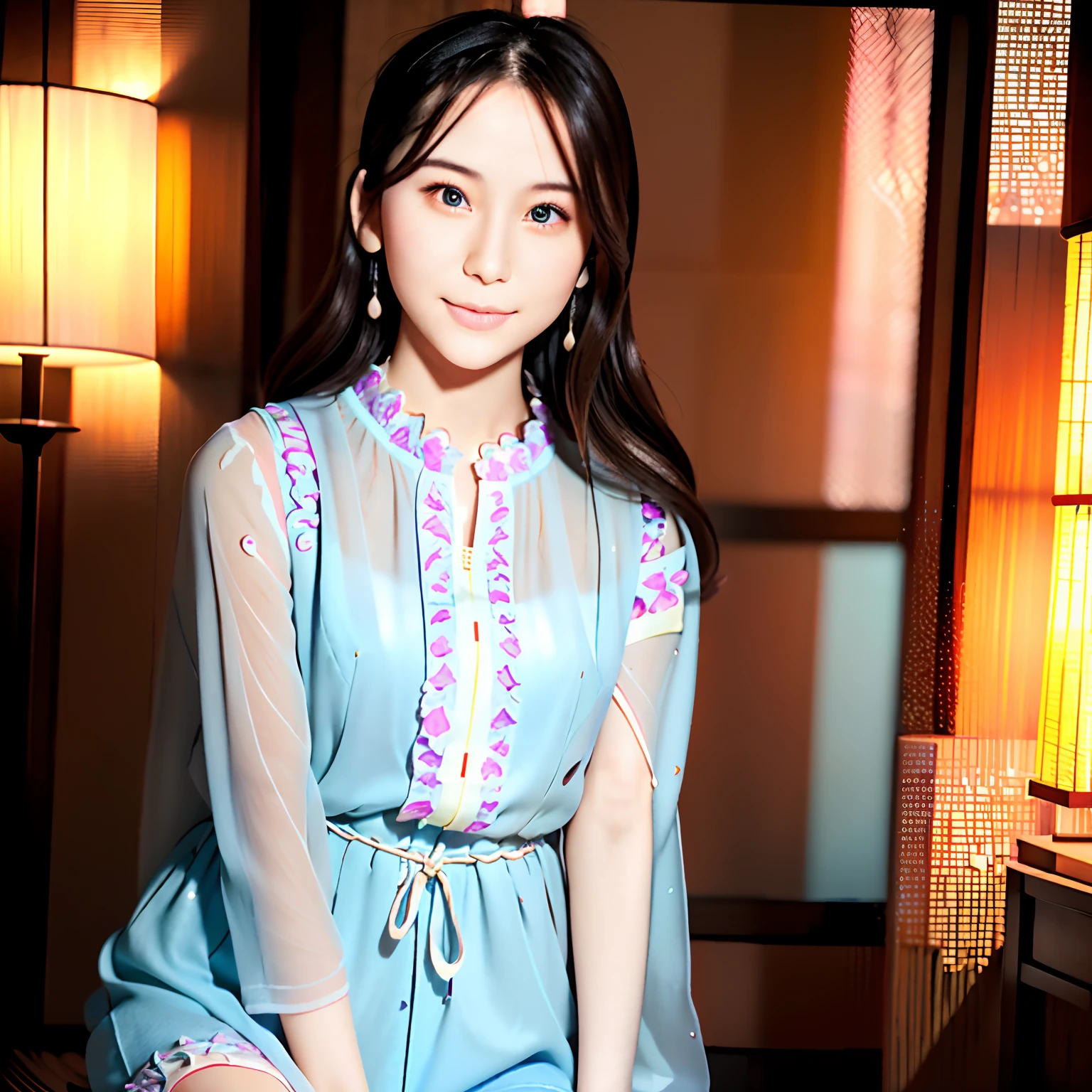 A beautiful Asian woman , (best quality, high-res, ultra-detailed), (realistic), portraits, flowing fabric, dreamy atmosphere, delicate facial features, graceful pose, enchanting gaze, pastel colors, dramatic lighting,Extra-large knee-length fancy colored tunic、