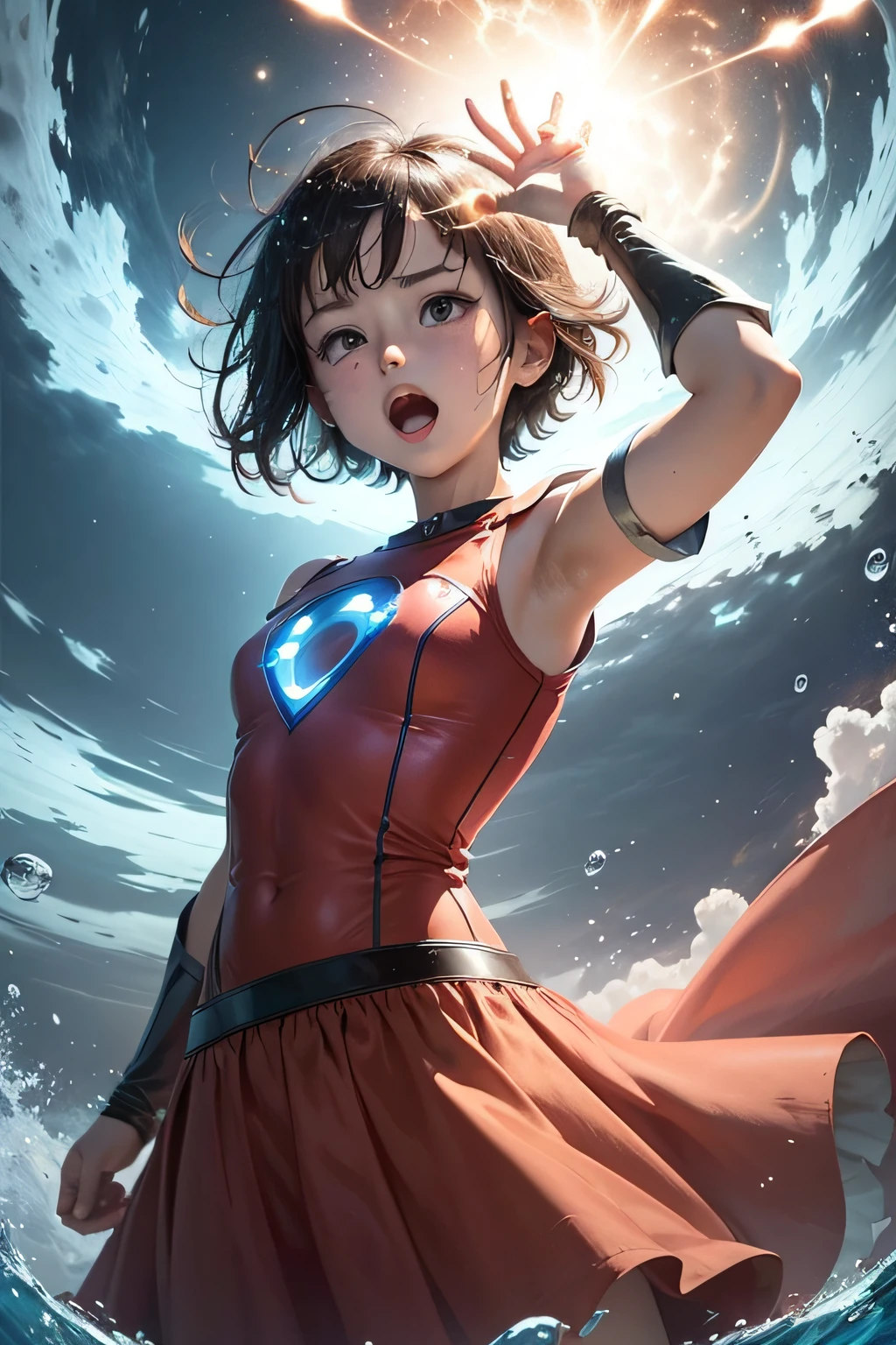 a child anime sketch of a a girl, powerful superhero , short hair, superhero costume on, long skirt on, ((open mouth:1.1), (wide open eyes:1.2), light particles, strong wind, (heart particles:1.1), water elemental, water forces