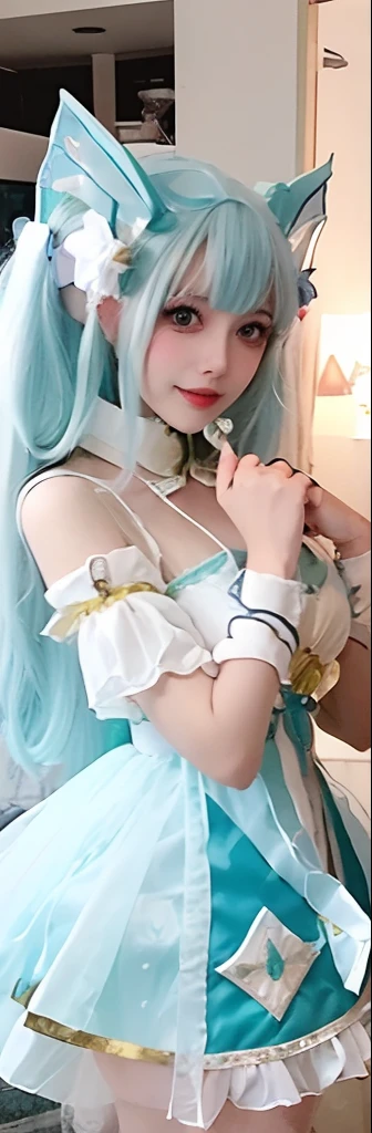 hatsune miku、Blue skin and face、masterpiece, Highest quality, The finest details, 1 Girl, (beautiful girl, Baby Face:1.3), break, Horror, ((little injured girl, Blood, 出Blood, Injury)), Shiny white hair, ((Jewel-like red eyes)), Anime Highlight Eyes, ((Damaged clothes:1.2, Dirty clothes, Bloodstained clothes:1.2, Scarred skin, Battle Damage, Bandaged arm:1.1, Bandaged leg:1.1)), (Yandere:1.3), break, (The background is a modern hospital, The collapsed hospital), break, Cinema Lighting, Action Movies, dynamic, (beautiful girlアクション俳優, Baby Face:1.3), Motion Blur, Depth of written boundary, 35mm, Sony FE, One girl,