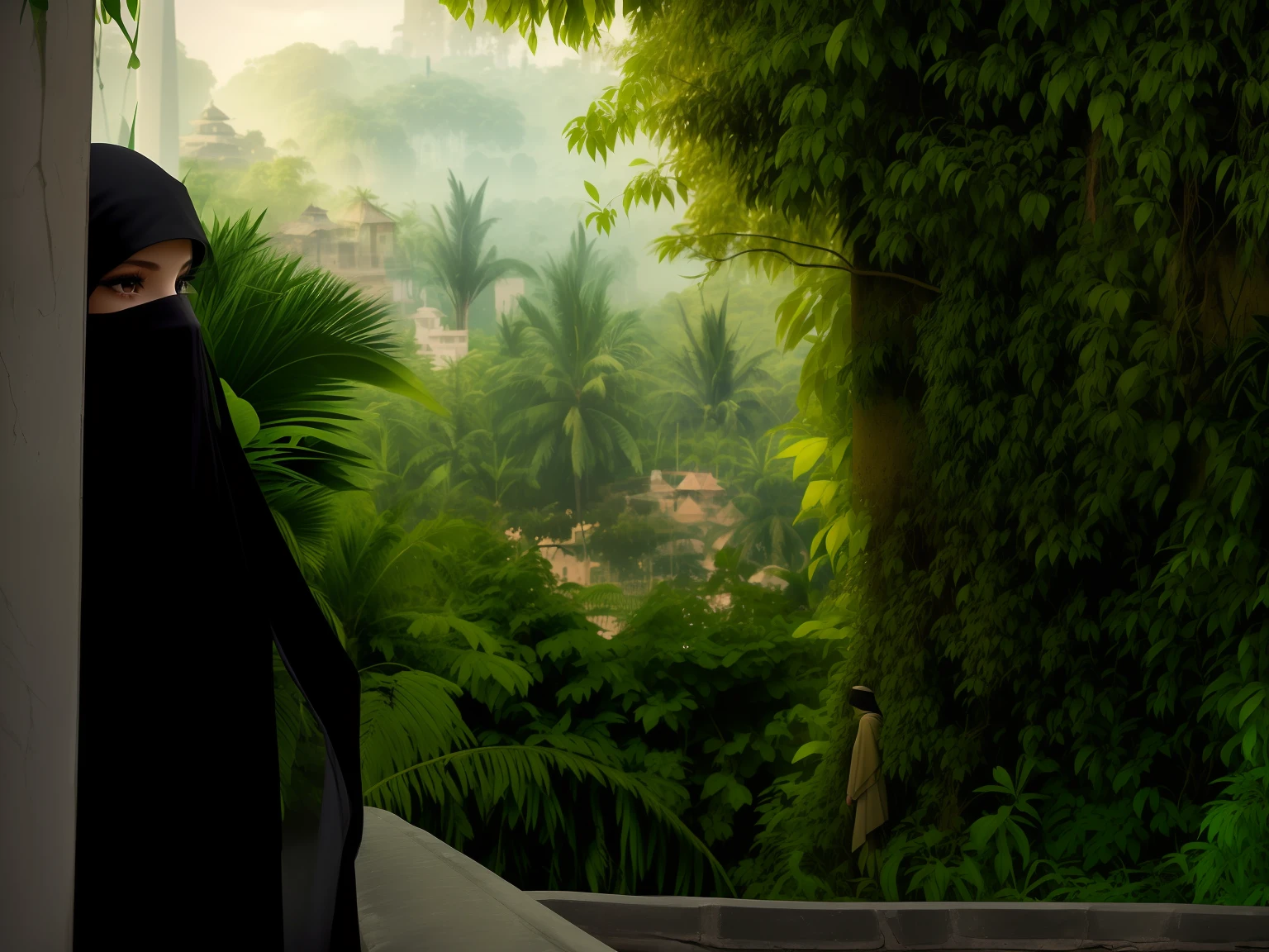 there is a woman that is standing by a wall with a black veil, amidst of nature fully covered, looking from side, panoramic view of girl, view from the side, view from side, medium shot taken from behind, shot from the side, view from back, view from the back, jungles in the background, against the backdrop of trees, from the distance