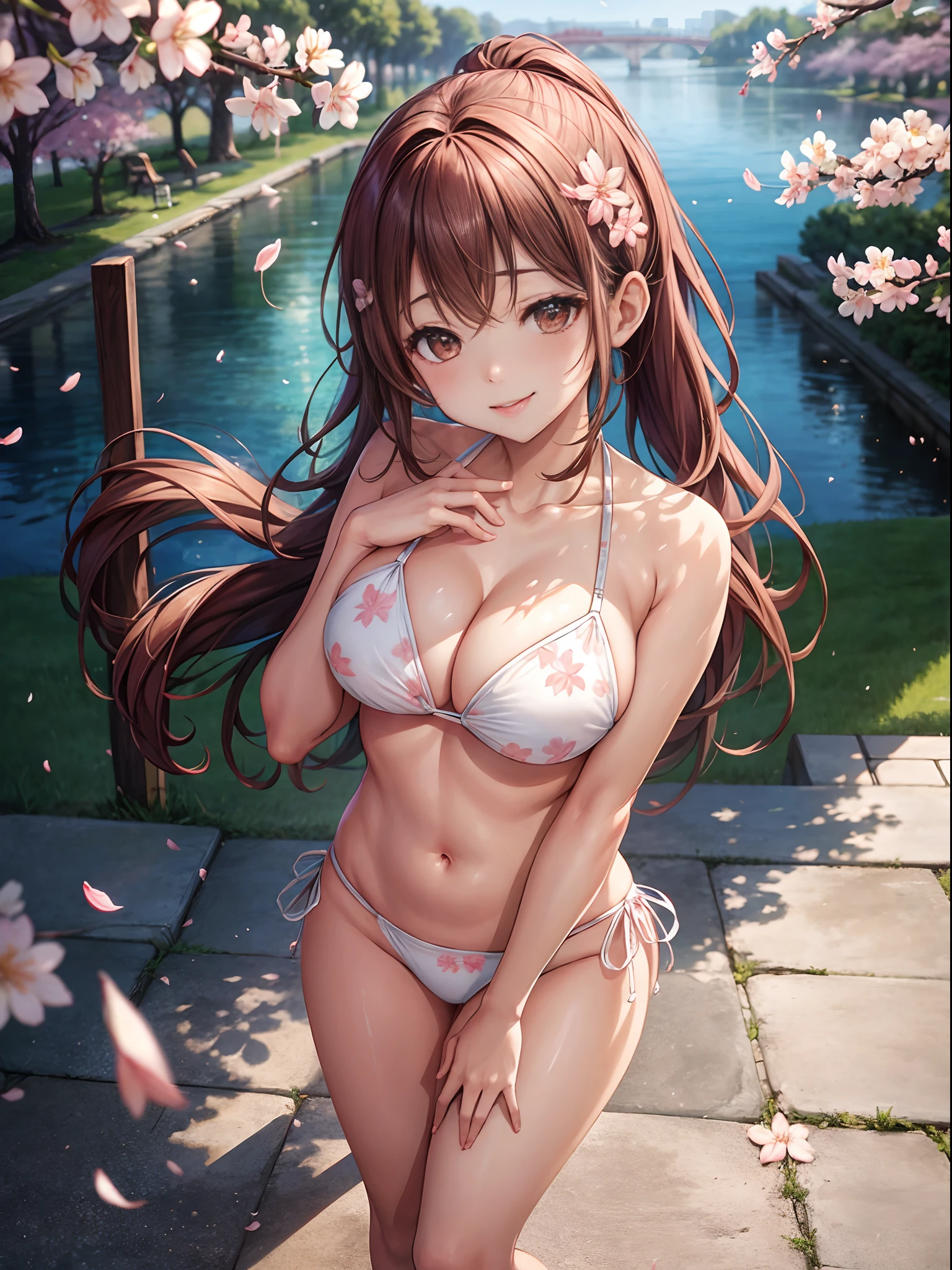 top-quality、Full limbs、complete fingers、one beautiful women、Beautiful 25-year-old sister、Beautiful Large Breasts、Longhaire、poneyTail、Brown hair、((White bikini、Cherry blossom pattern bikini))、A big smile、a park、The lawn is spreading、The cherry tree、cherry blossom in full bloom、is standing、sexypose、Frolicking