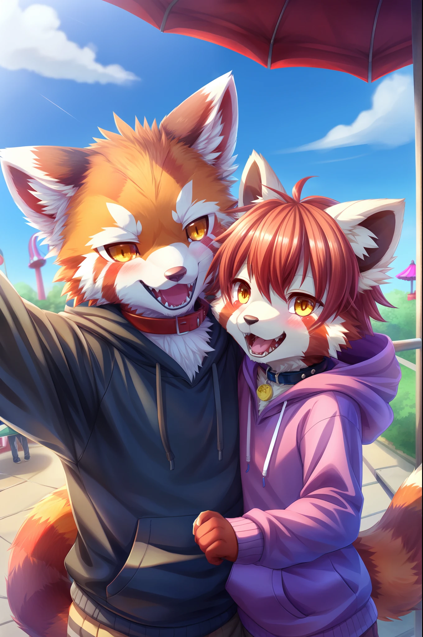 cpdragon, duo, red panda, blush, yellow eyes, candy, clothed, hoodie, collar, jewelry, outside, amusement park, happy, smile, selfie, sharp teeth, kemono, by geppei5959, by by kiyosan