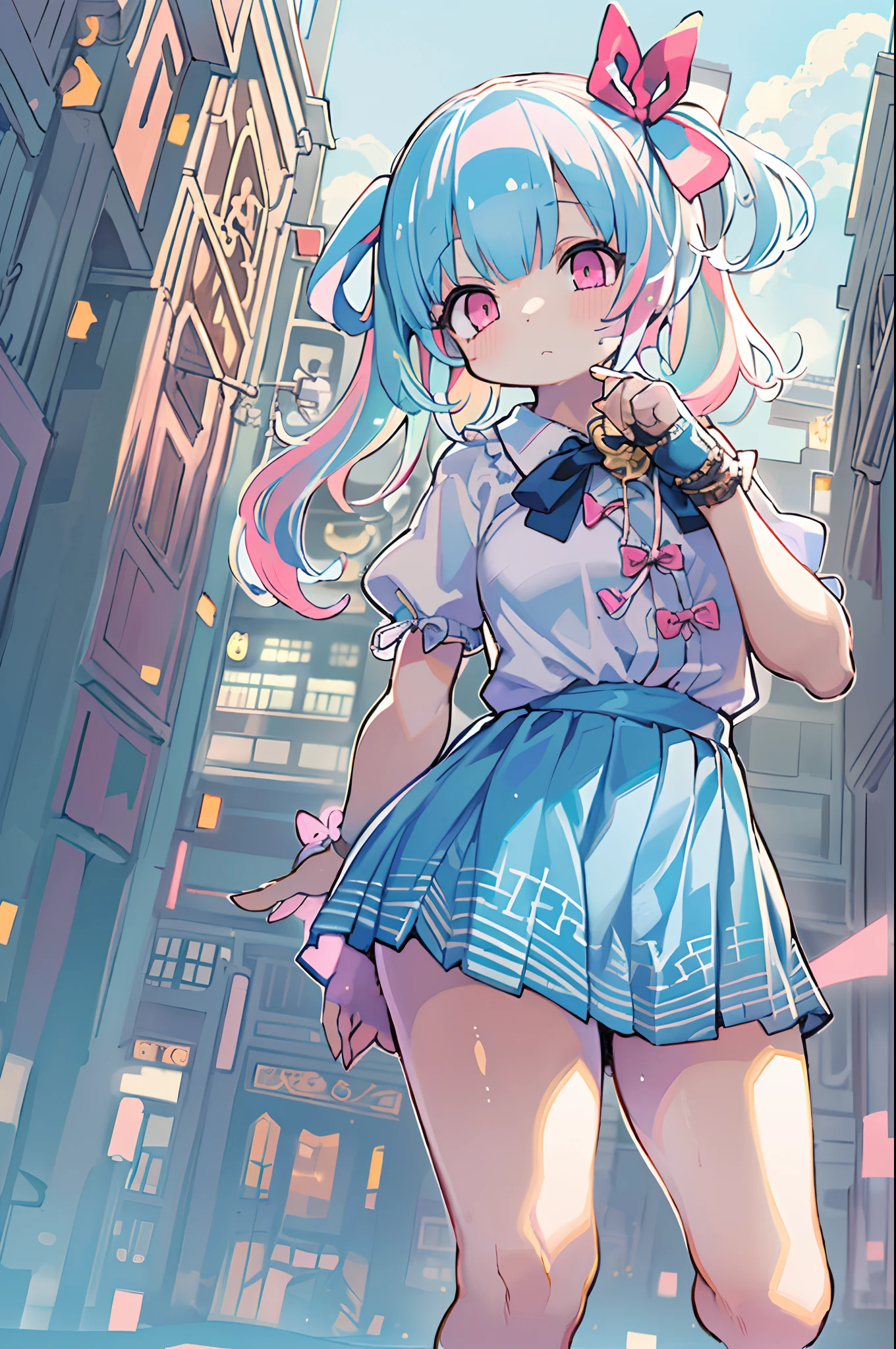 (Detailed beautiful eyes and detailed face, Masterpiece Side Light, masutepiece, Best Quality, Detailed, High resolution illustration), (1 girl, Beautiful Girl, Shiny skin), (sky blue hair, Pink eyes, Skirt, bow ribbon, Button shirt)(kneel down on the ground)