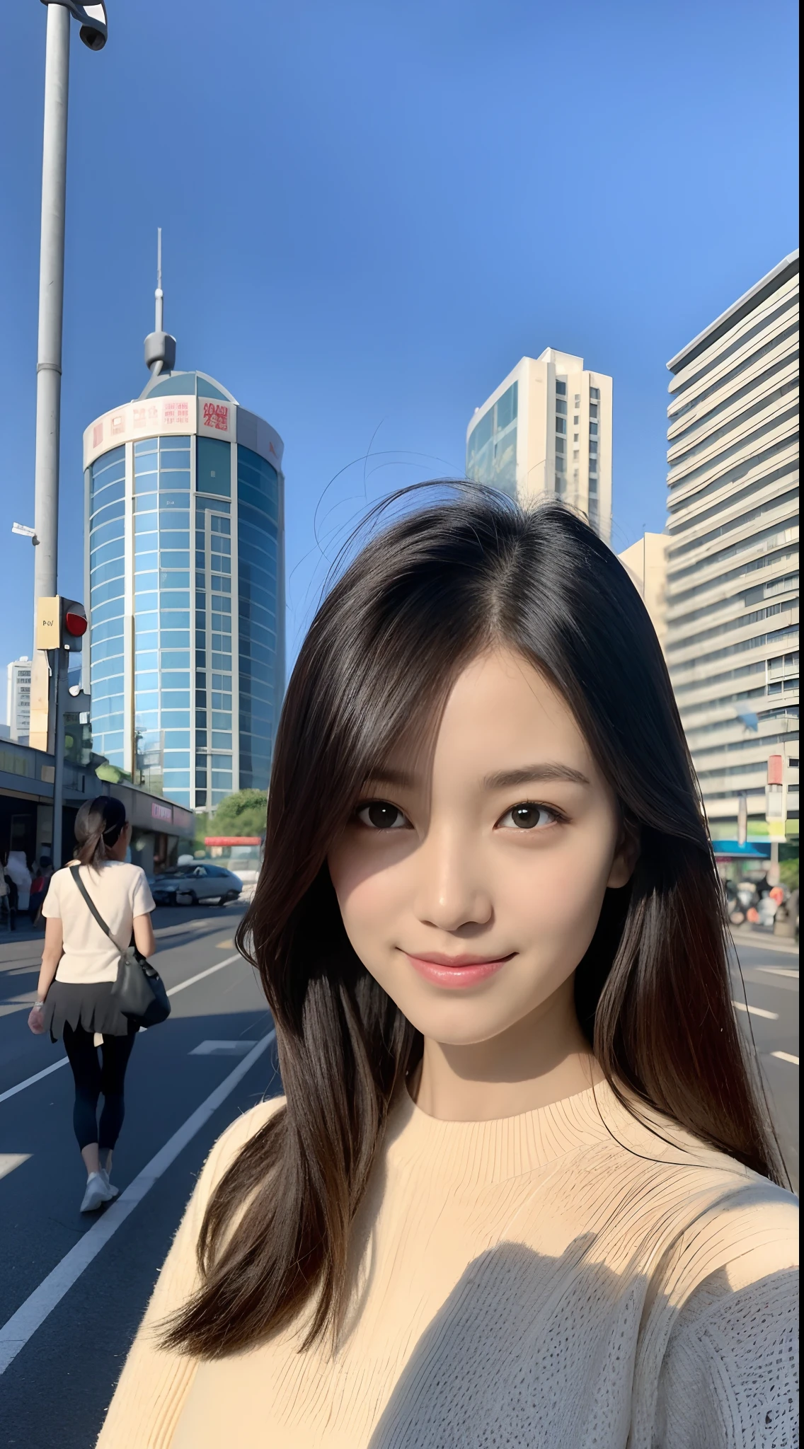 Two girls: A 16-year-old girl walks in front of a zebra crossing at a traffic light on a Hong Kong street,Extreme light and shadow,Aurora chase,Extremely strong reflected light,Extreme shadows,blue-sky,The sun shines on the face,enjoying life,Healing pictures,(Smile 0.9)(Upper body close-up 1.2)(Great view 1.2)(Clean background 1.2)(Delicate facial features1.3)(Perfect body 1.1)(Flat chest 1.1)(Global illumination 1.2)(Surreal scenario 1.3)(White sweater 1.2),rendering by octane,CGSociety trends,(Ultra-delicate eye structure 1.3)(There is reflected light in the eye1.3)(Bust close-up 1.3)(Young and energetic1.3)(Playful 1.3)(Long hairstyles,Thick hair1.2)(youthfulenergy)(Texture 1.3)(Tyndall Light and Shadow 1.2)Behind it is a vague Hong Kong red tram