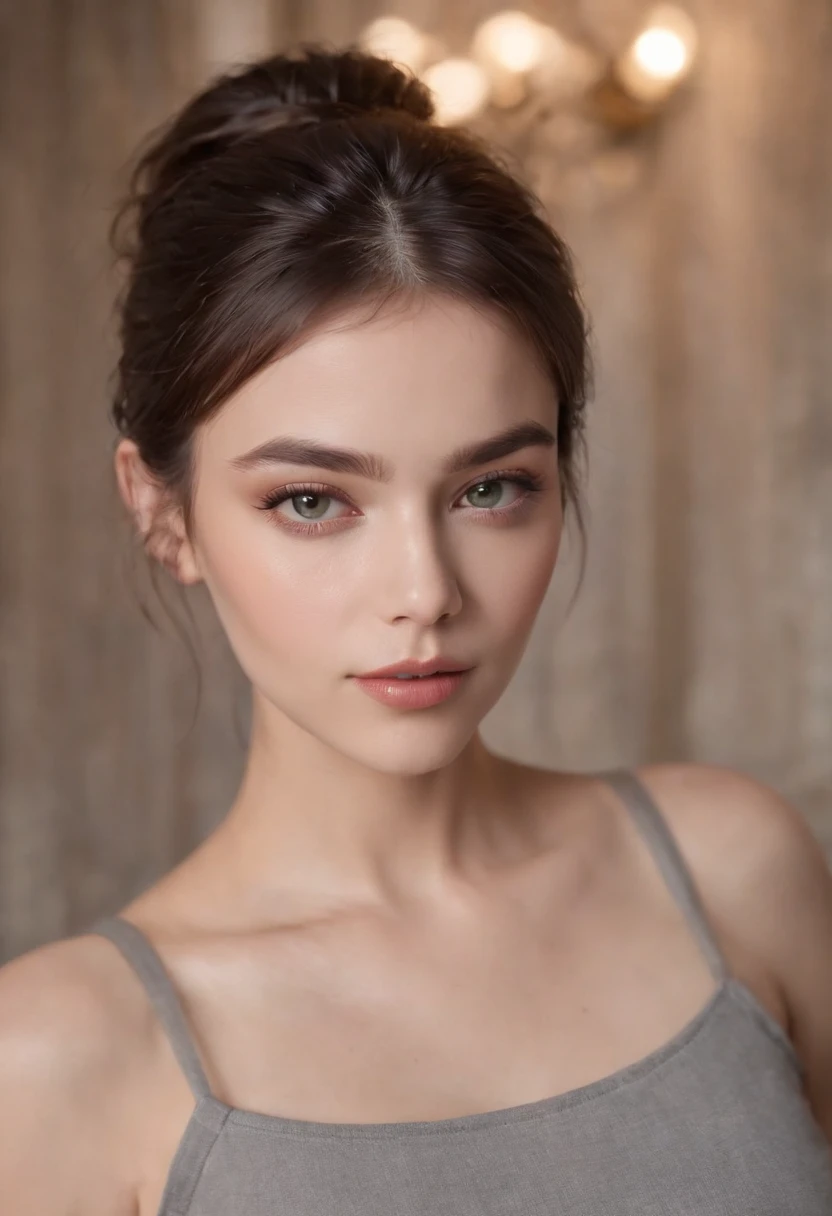 ((realistic face, Seductive, look adulte, yeux verts)), (crop top gris, Short clothing), (Cheveux longs noirs), (20 ans), (1 fille), (Style 4k))