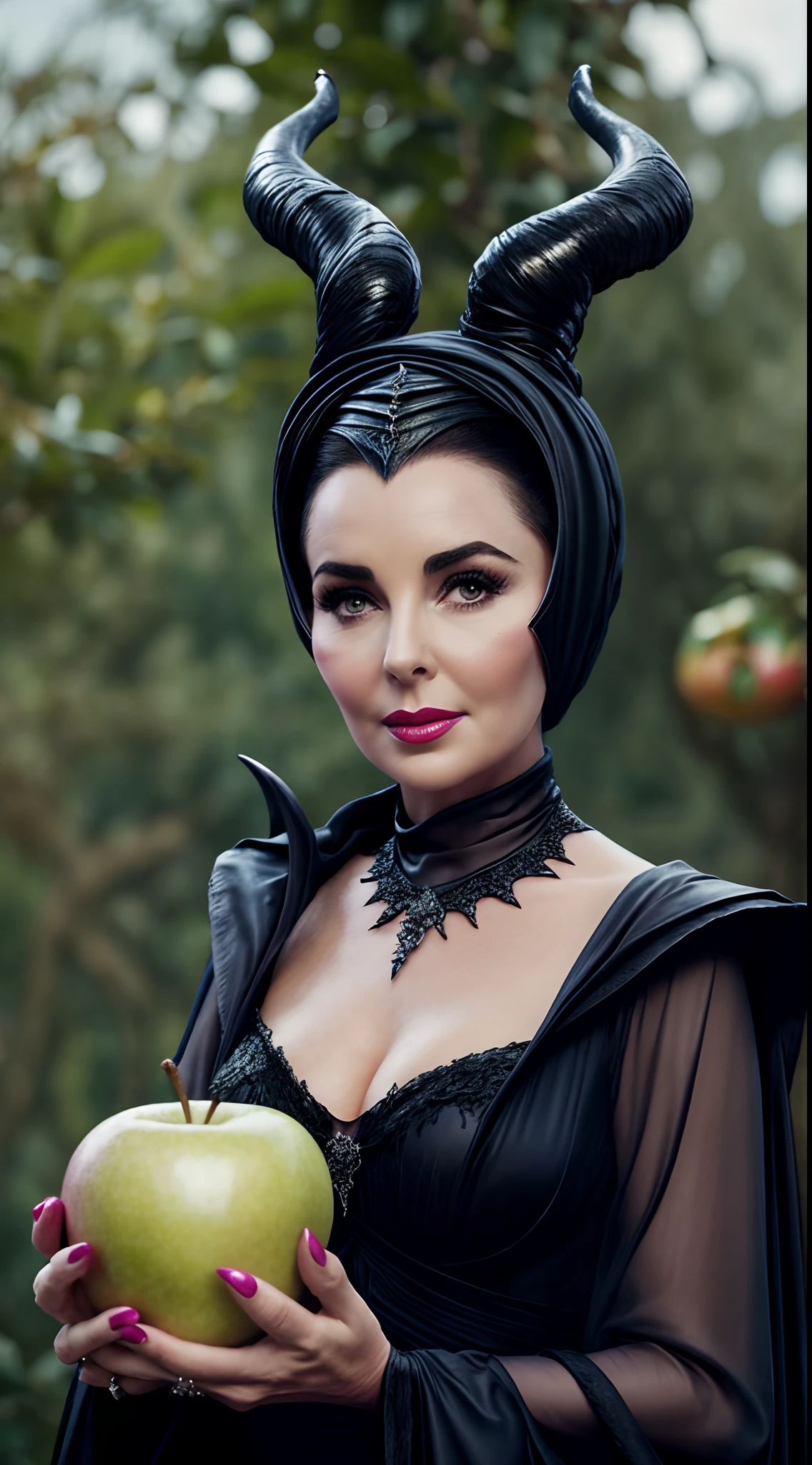 Charming Elizabeth Taylor dressed as Disney's Maleficent holding an apple, hyper realistic, realistic photo, 4k