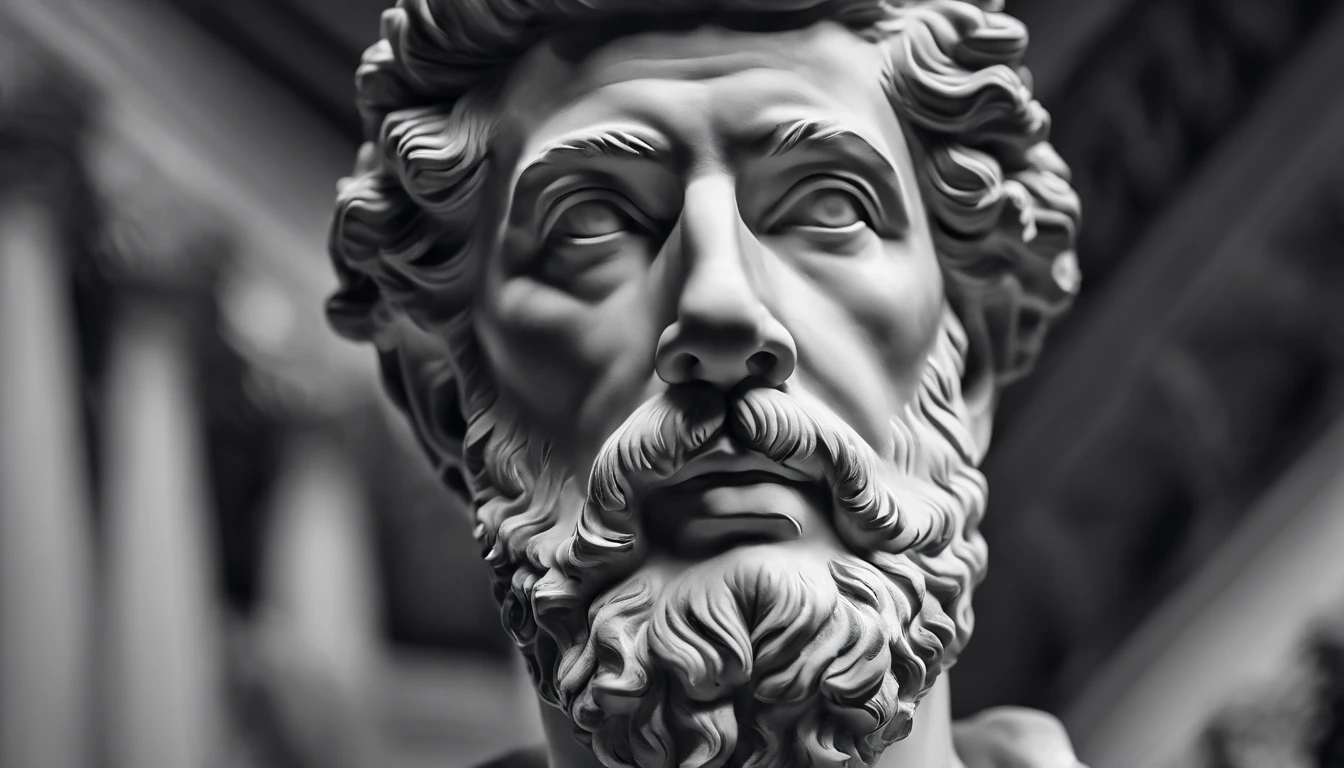 a portrait statue of the stoic Marcus Aurelius in black and white 4K,Face de lado, papel de parede super realista