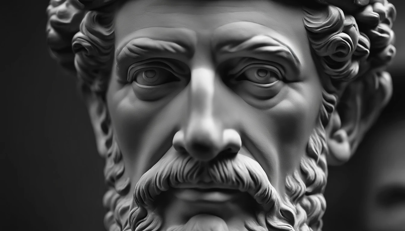 a portrait statue of the stoic Marcus Aurelius in black and white 4K,Face de lado, papel de parede super realista